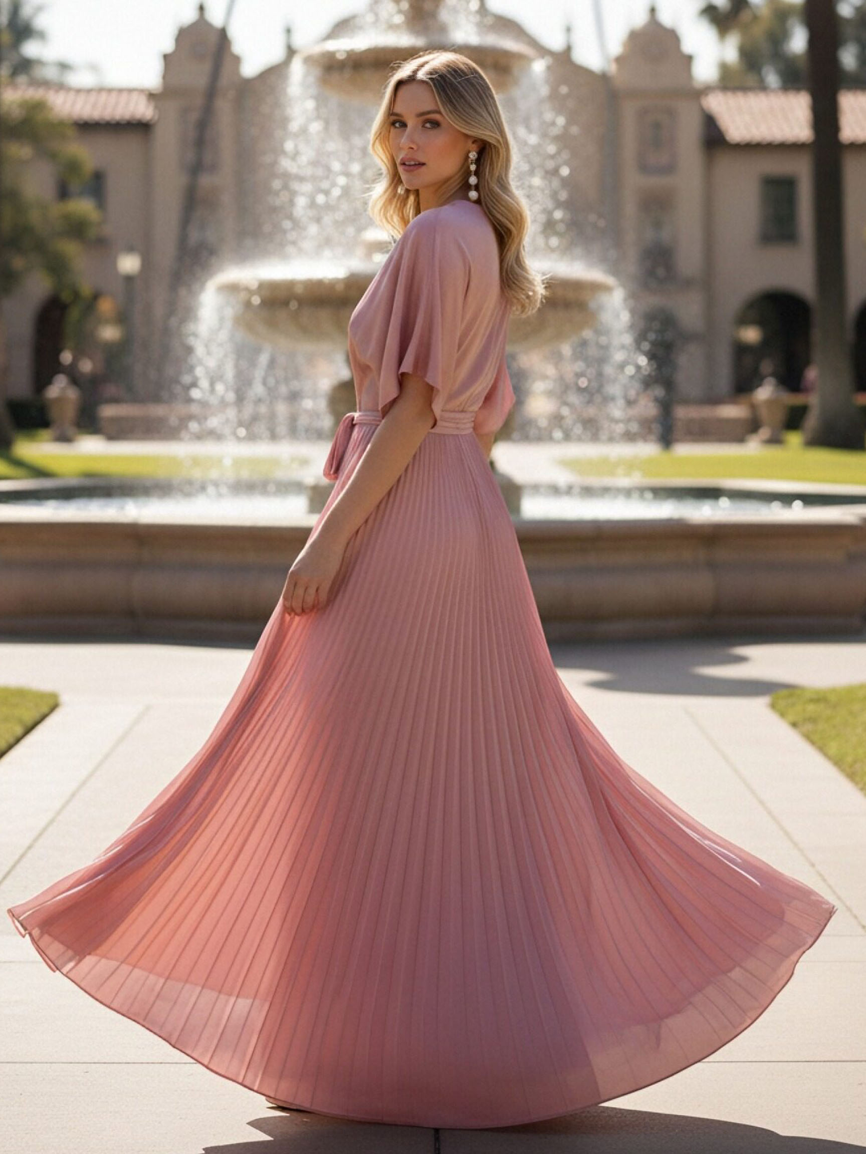 Pleated Crew Neck Chiffon Long Bridesmaid Dresses