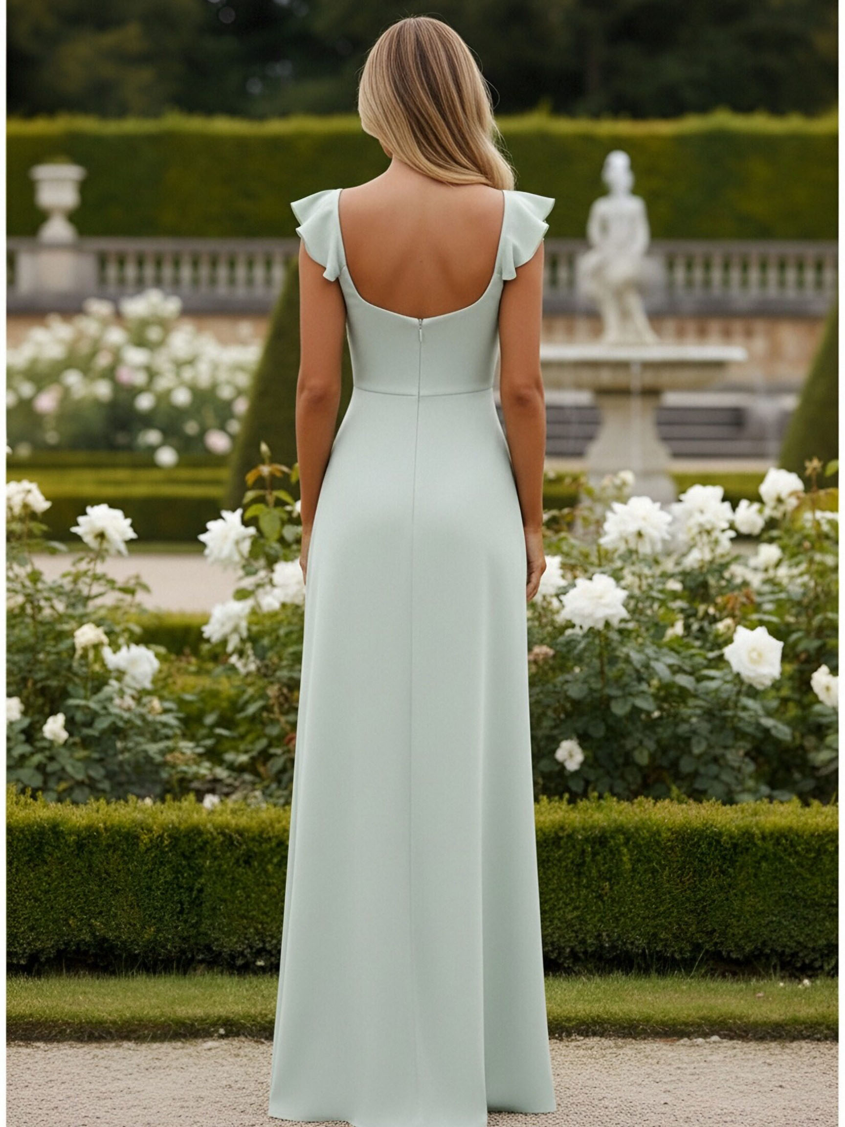 Ruffled Spaghetti Straps Satin Bridesmaid Dresses with Slit