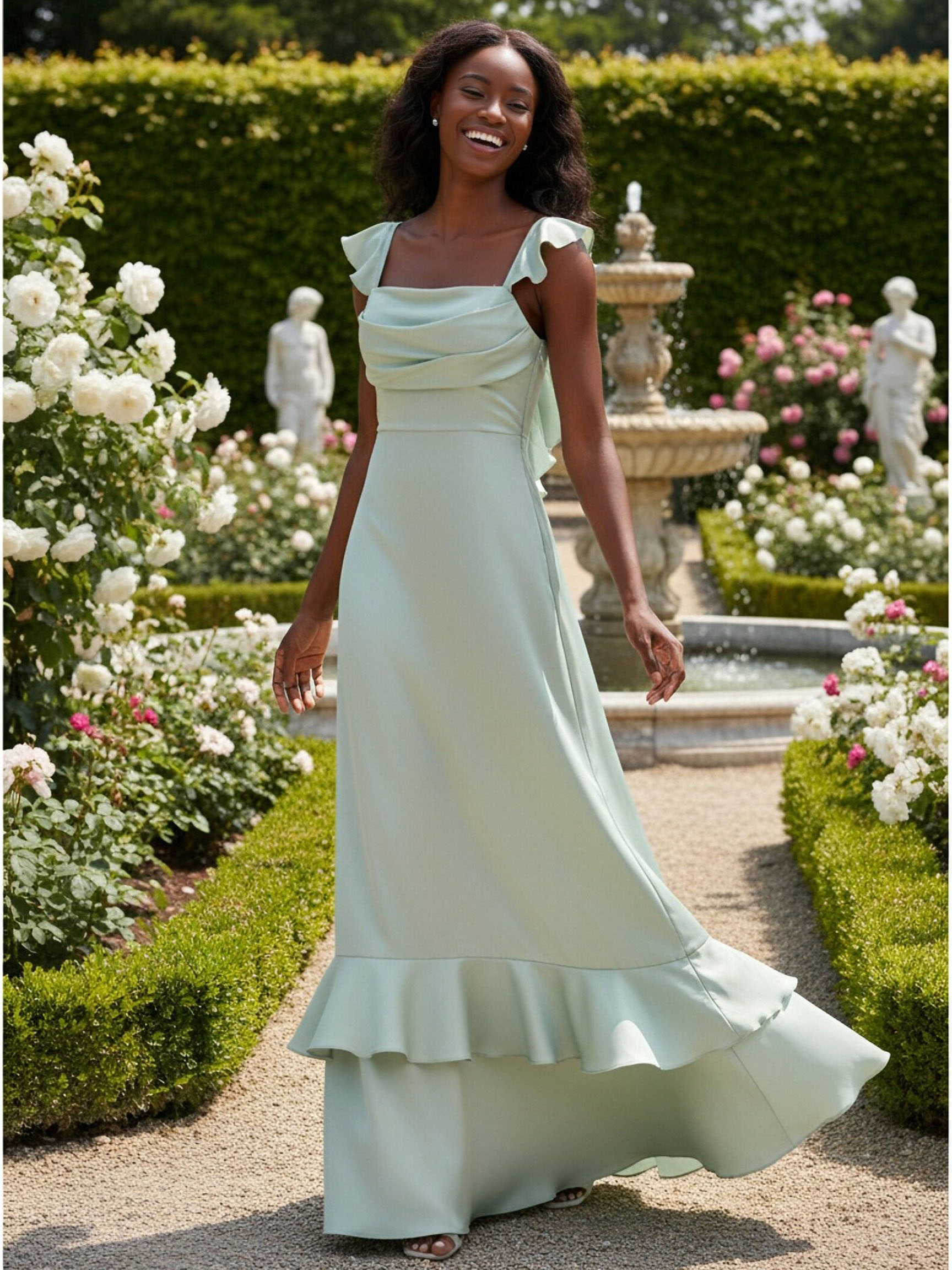 Ruffled Spaghetti Straps Satin Bridesmaid Dresses