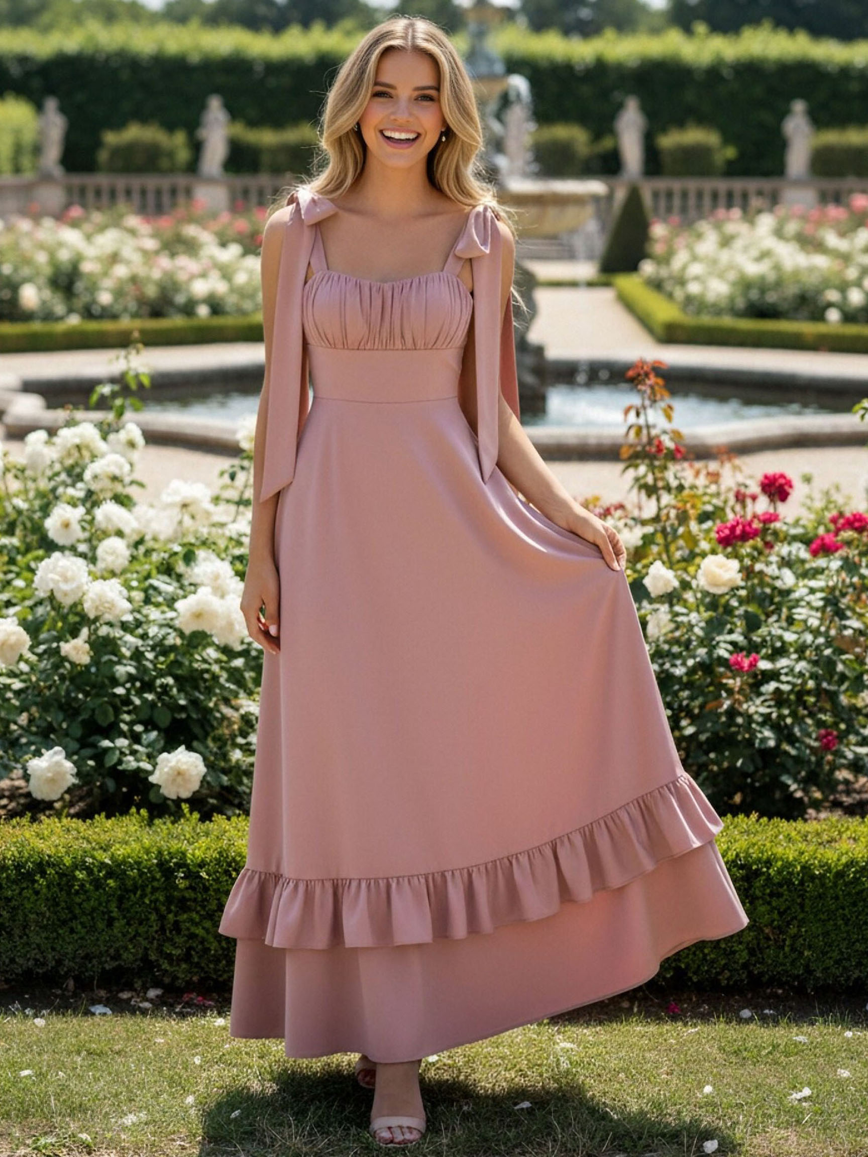 Ruffled Spaghetti Straps Satin Bridesmaid Dresses 