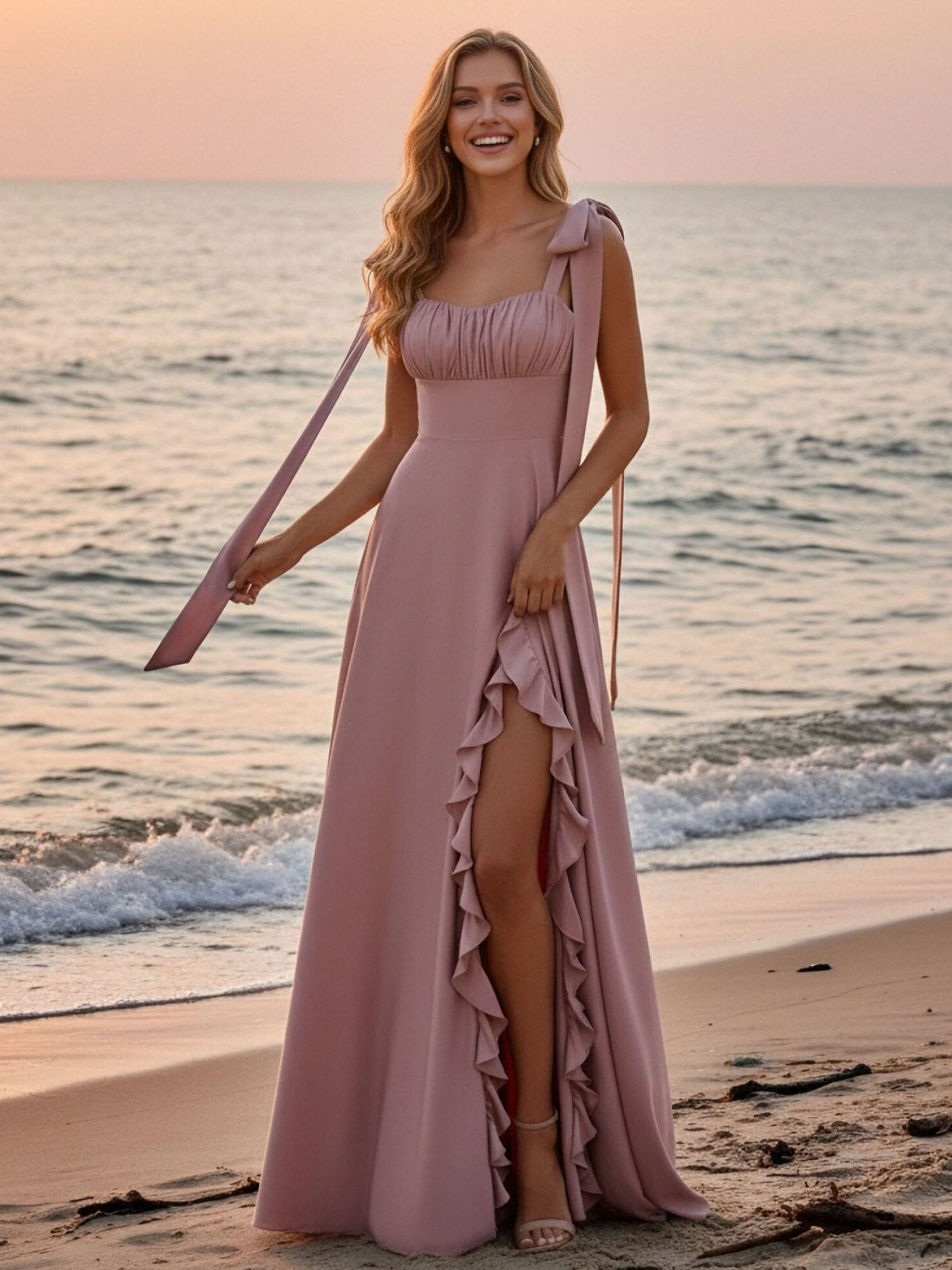 Ruffled Spaghetti Straps Satin Bridesmaid Dresses with Slit