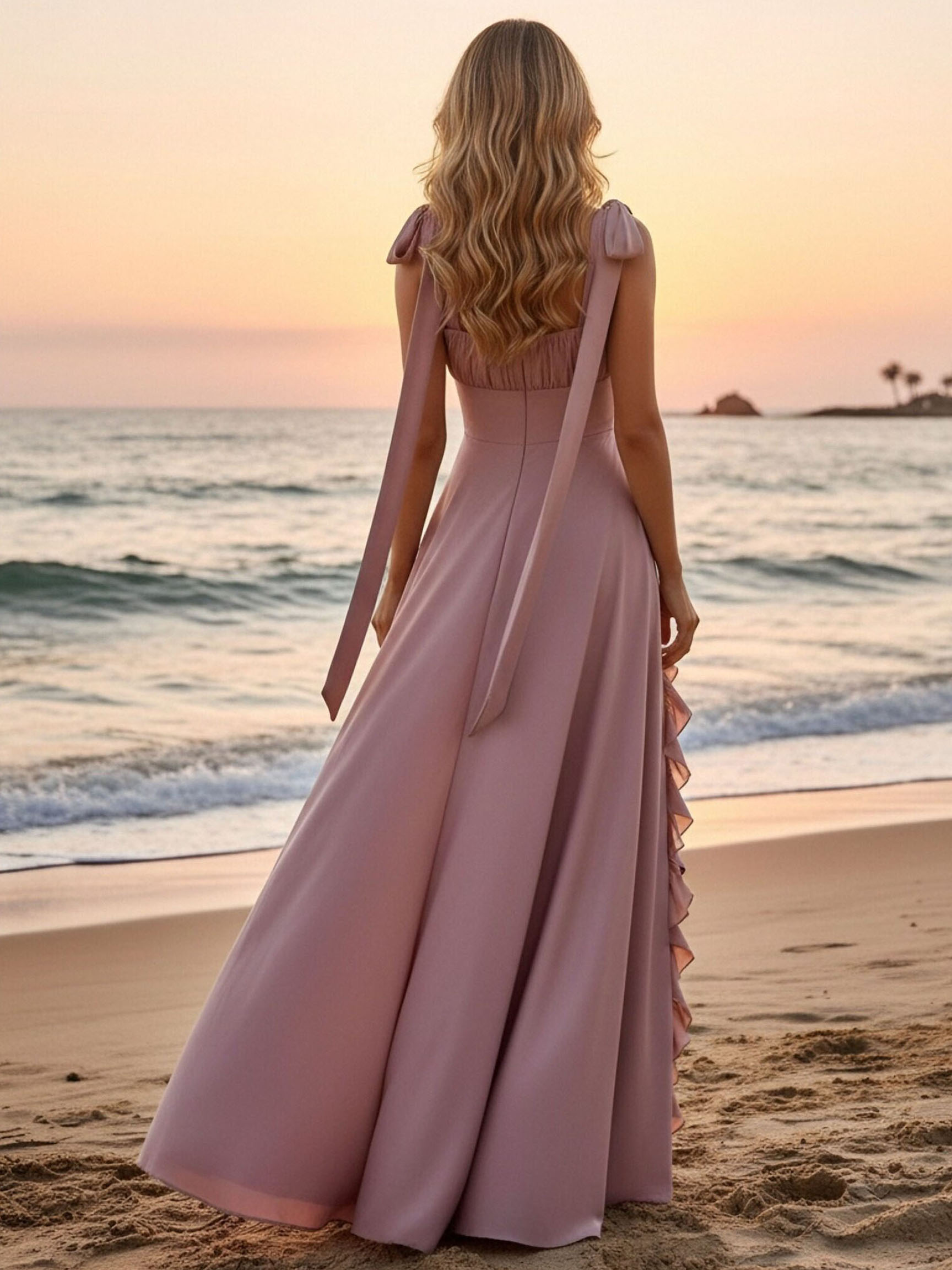 Ruffled Spaghetti Straps Satin Bridesmaid Dresses with Slit