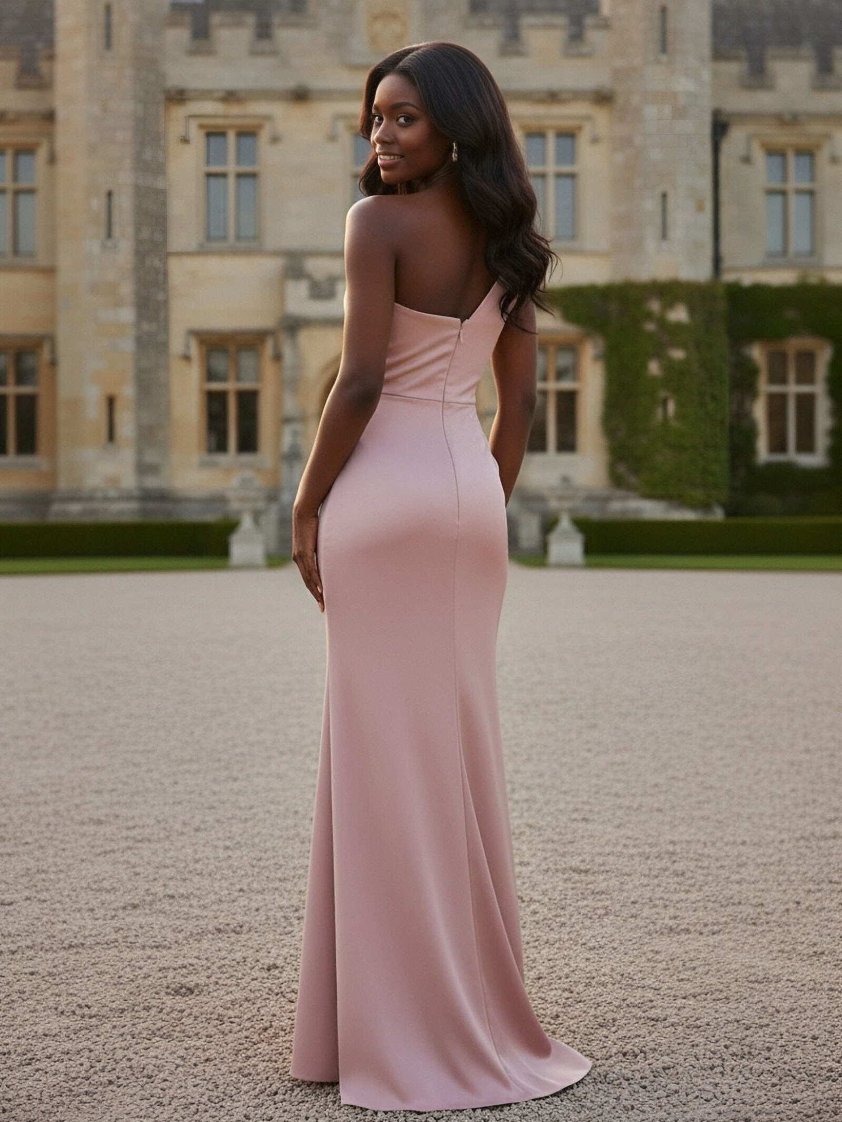 Pleated One Shoulder Satin Bridesmaid Dresses with Slit