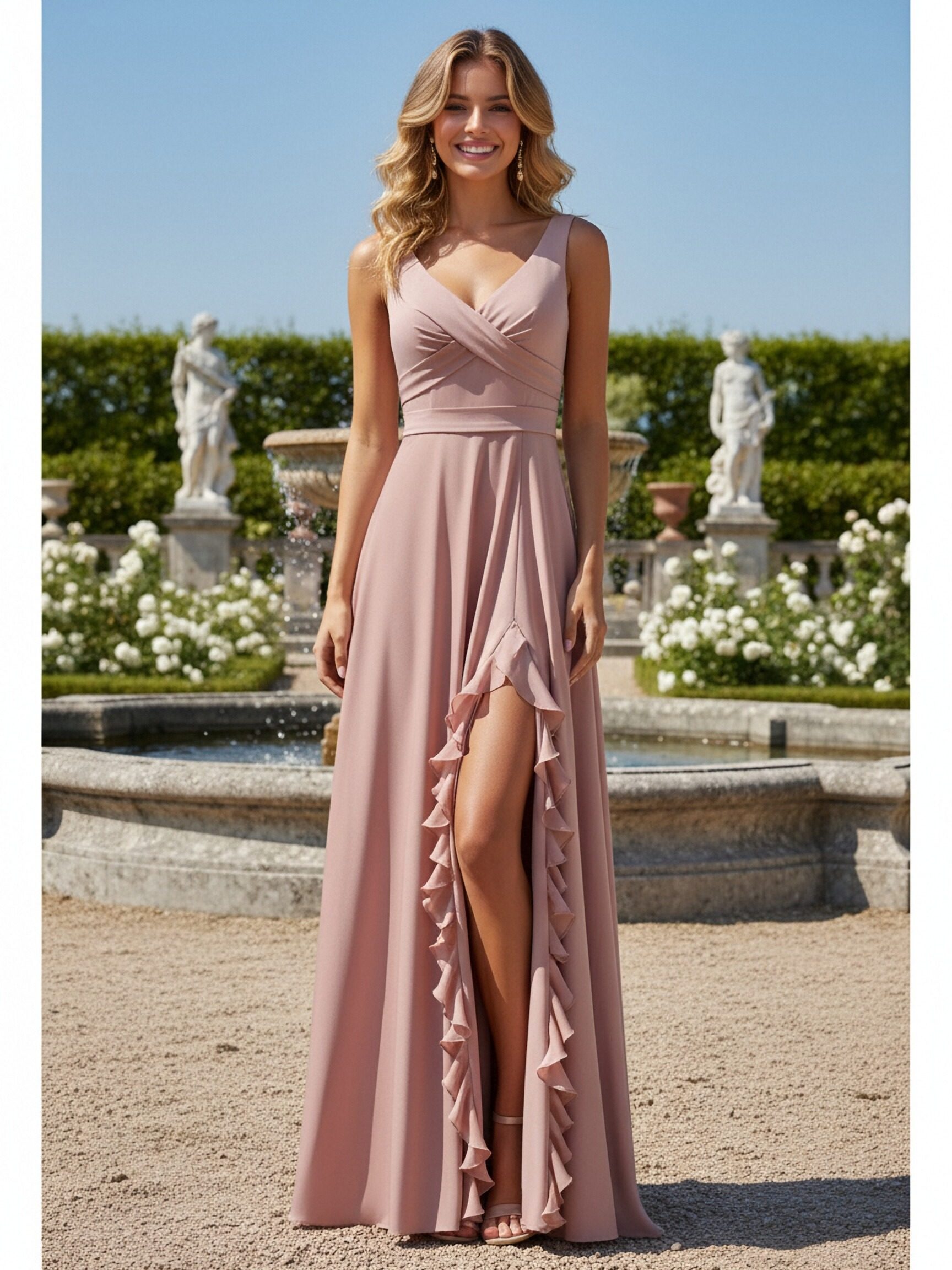 Ruffled Spaghetti Straps Chiffon Bridesmaid Dresses with Slit
