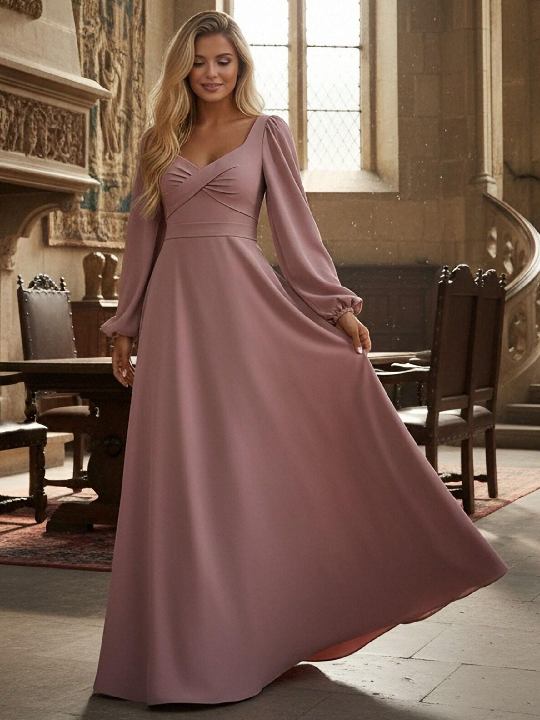 Long Sleeves Chiffon Long Bridesmaid Dresses