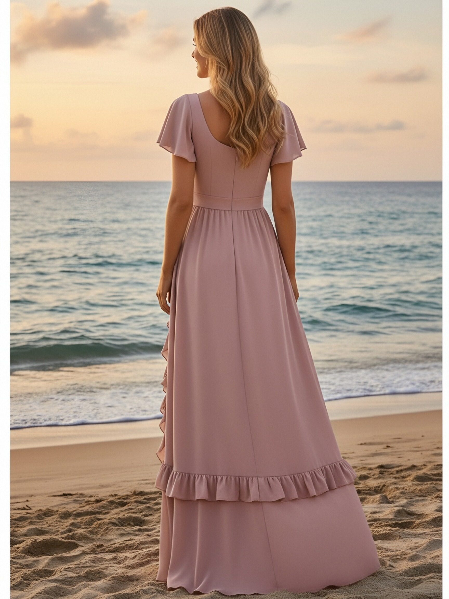 Short Sleeves Chiffon Long Bridesmaid Dresses with Slit