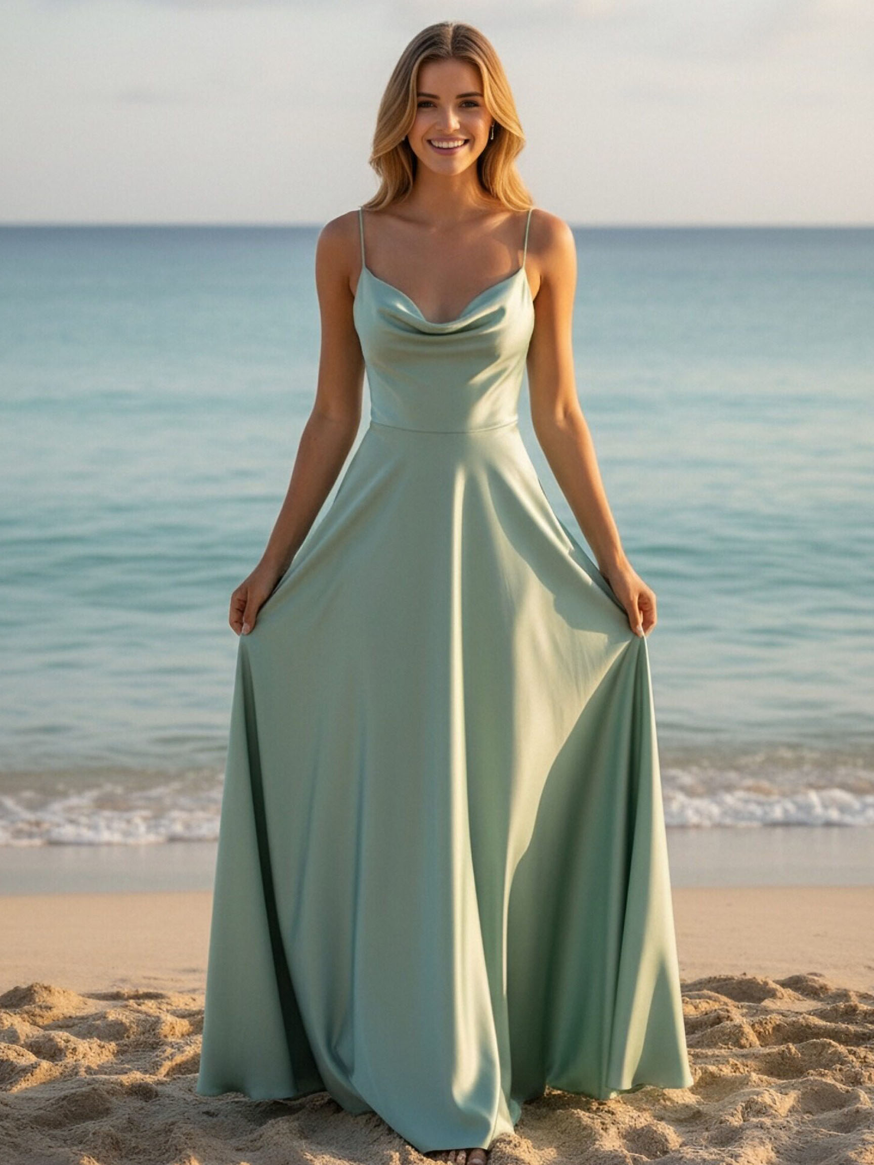  Satin Spaghetti Straps A Line Long Bridesmaid Dresses