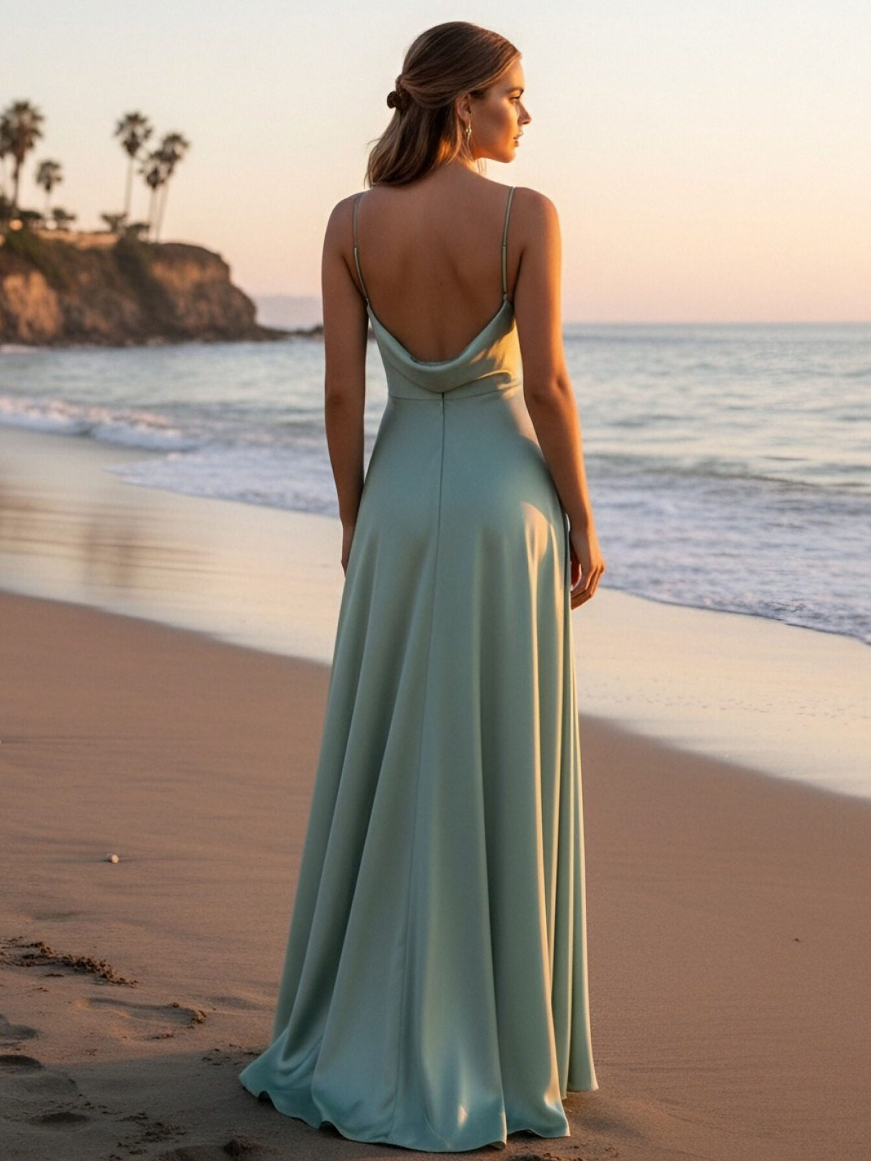 Satin Spaghetti Straps A Line Long Bridesmaid Dresses