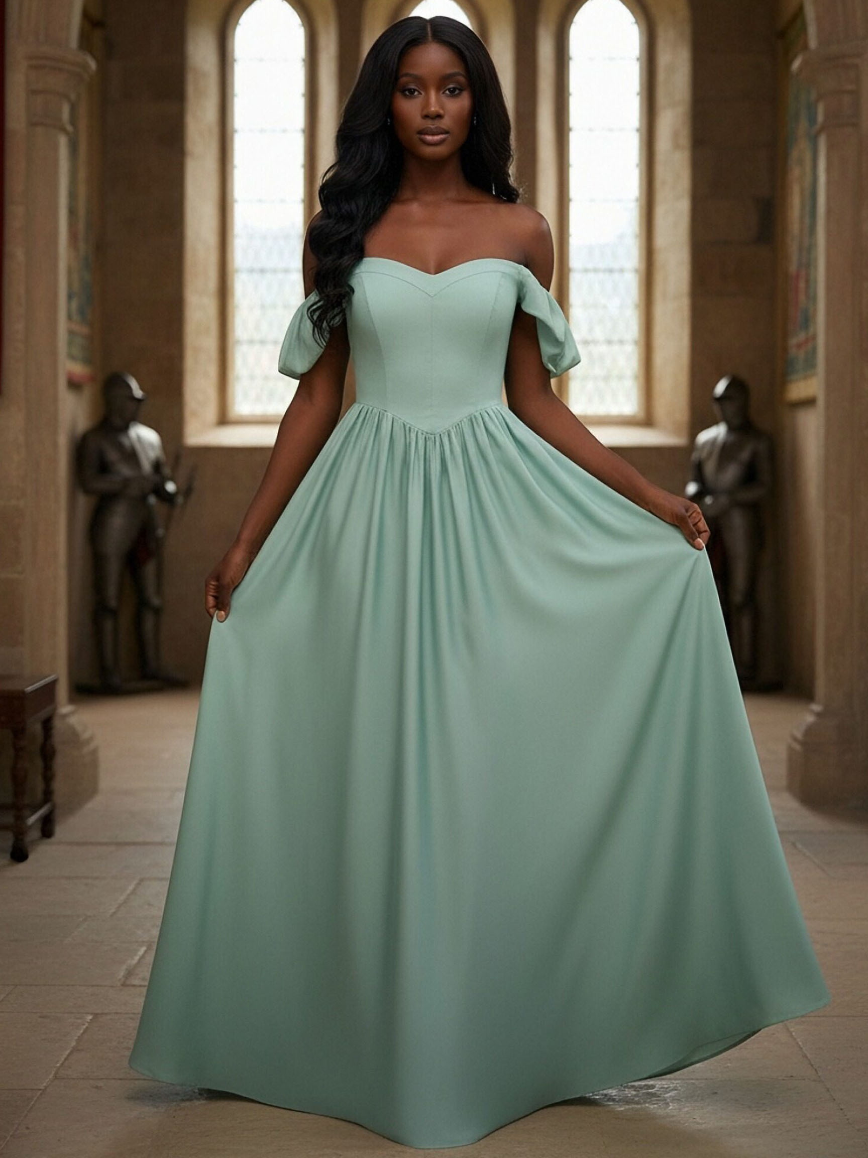 Satin Off the Shoulder A Line Long Bridesmaid Dresses