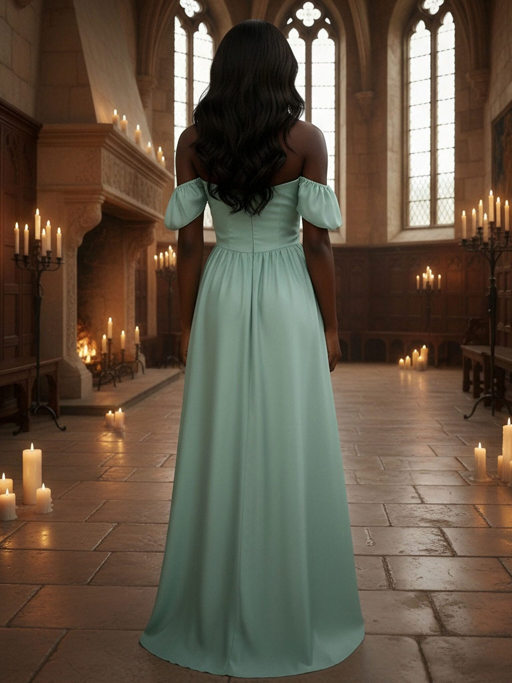 Satin Off the Shoulder A Line Long Bridesmaid Dresses