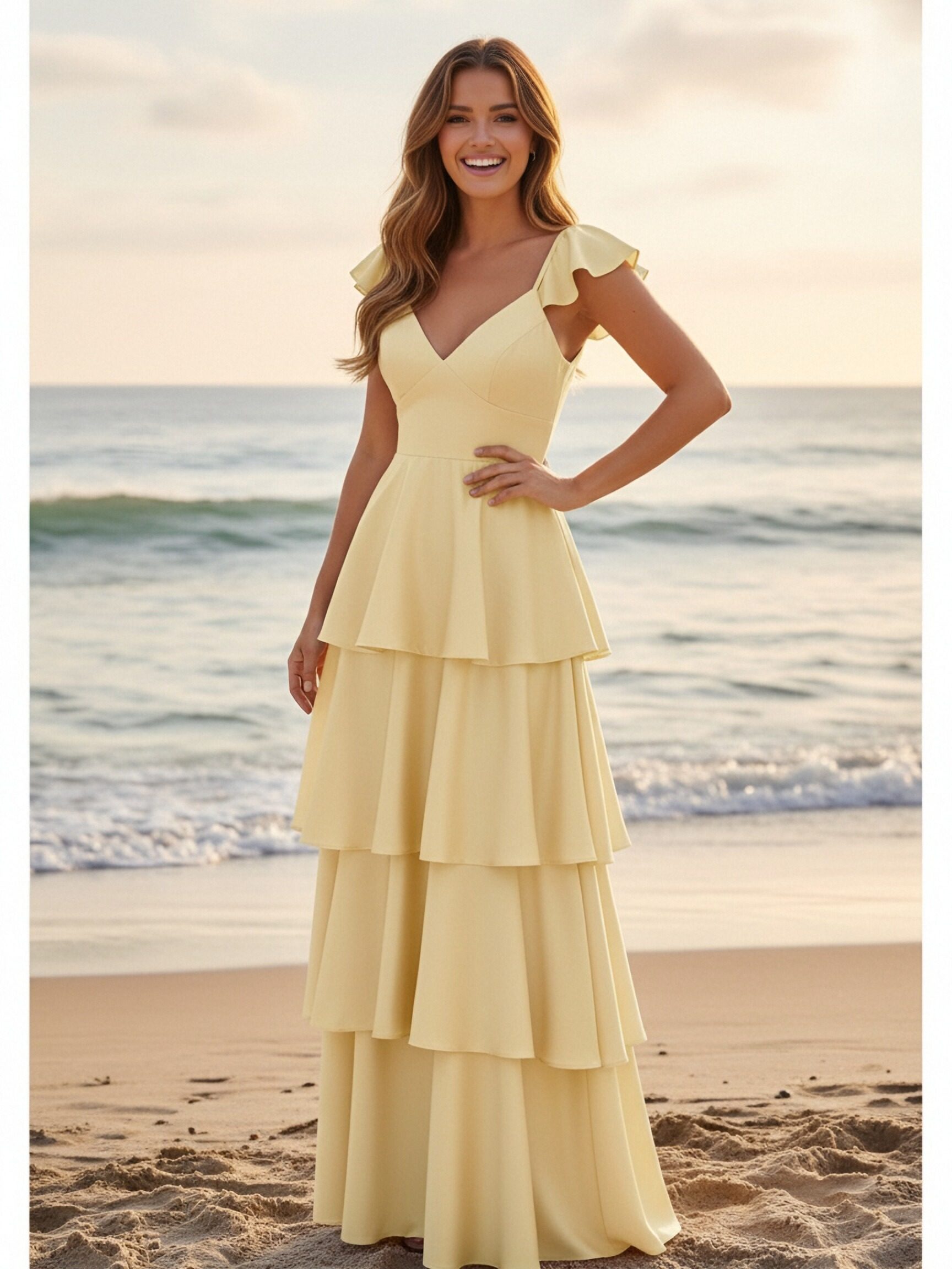 Satin Tiered A Line Long Bridesmaid Dresses