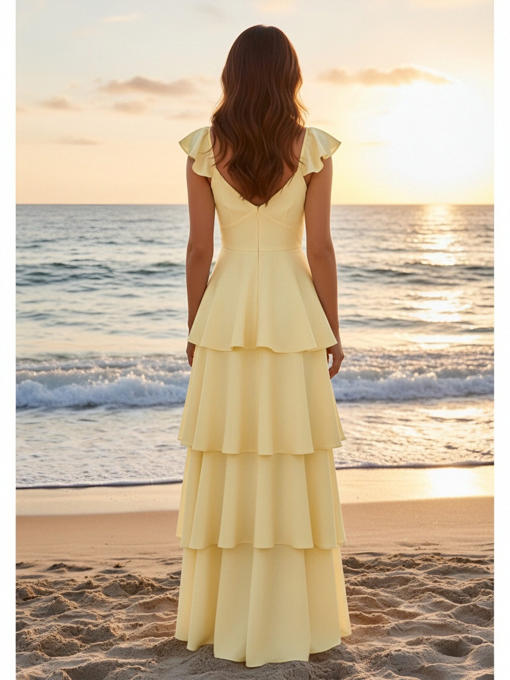 Satin Tiered A Line Long Bridesmaid Dresses