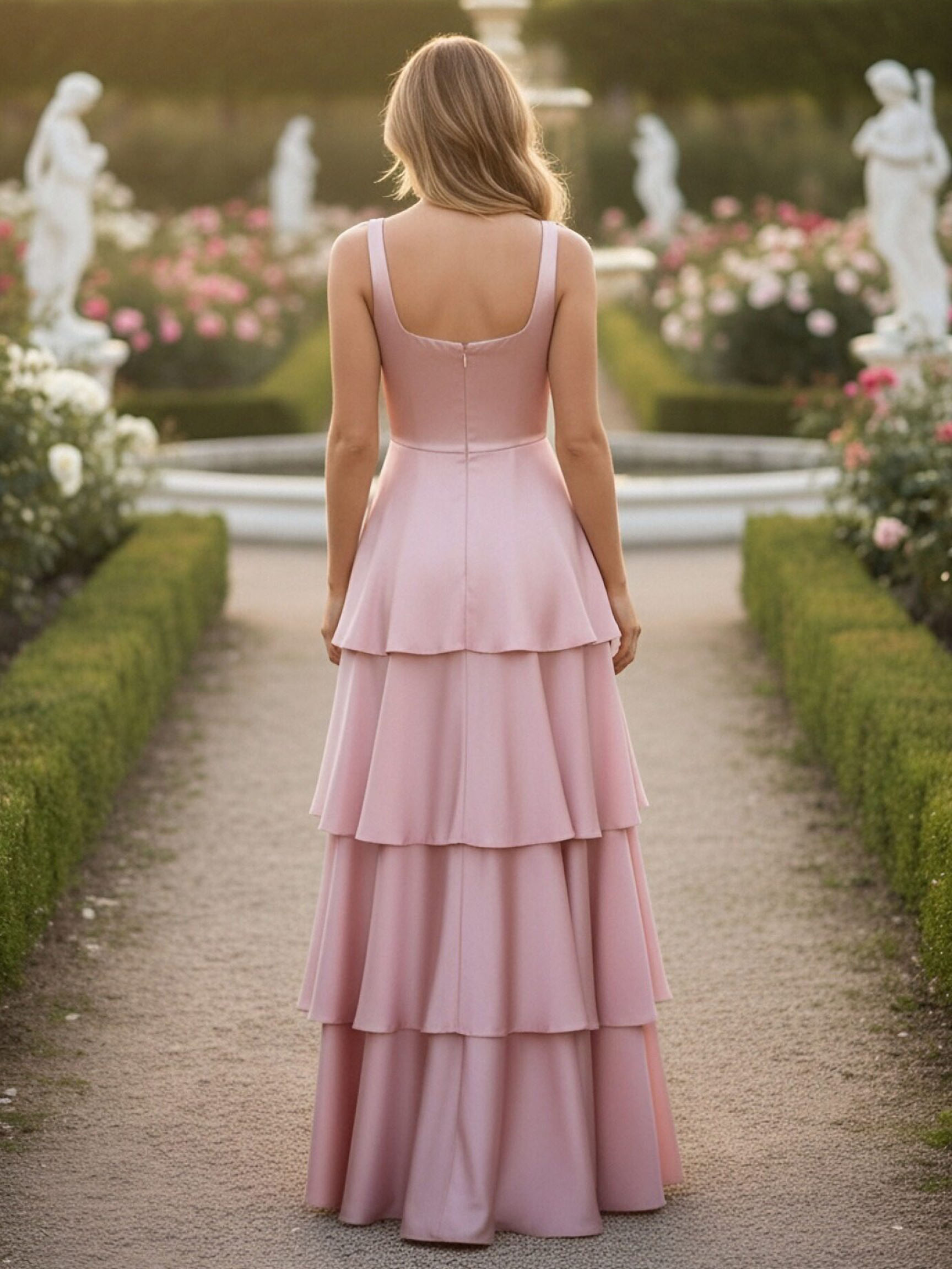 Satin Tiered A Line Square Neck Bridesmaid Dresses