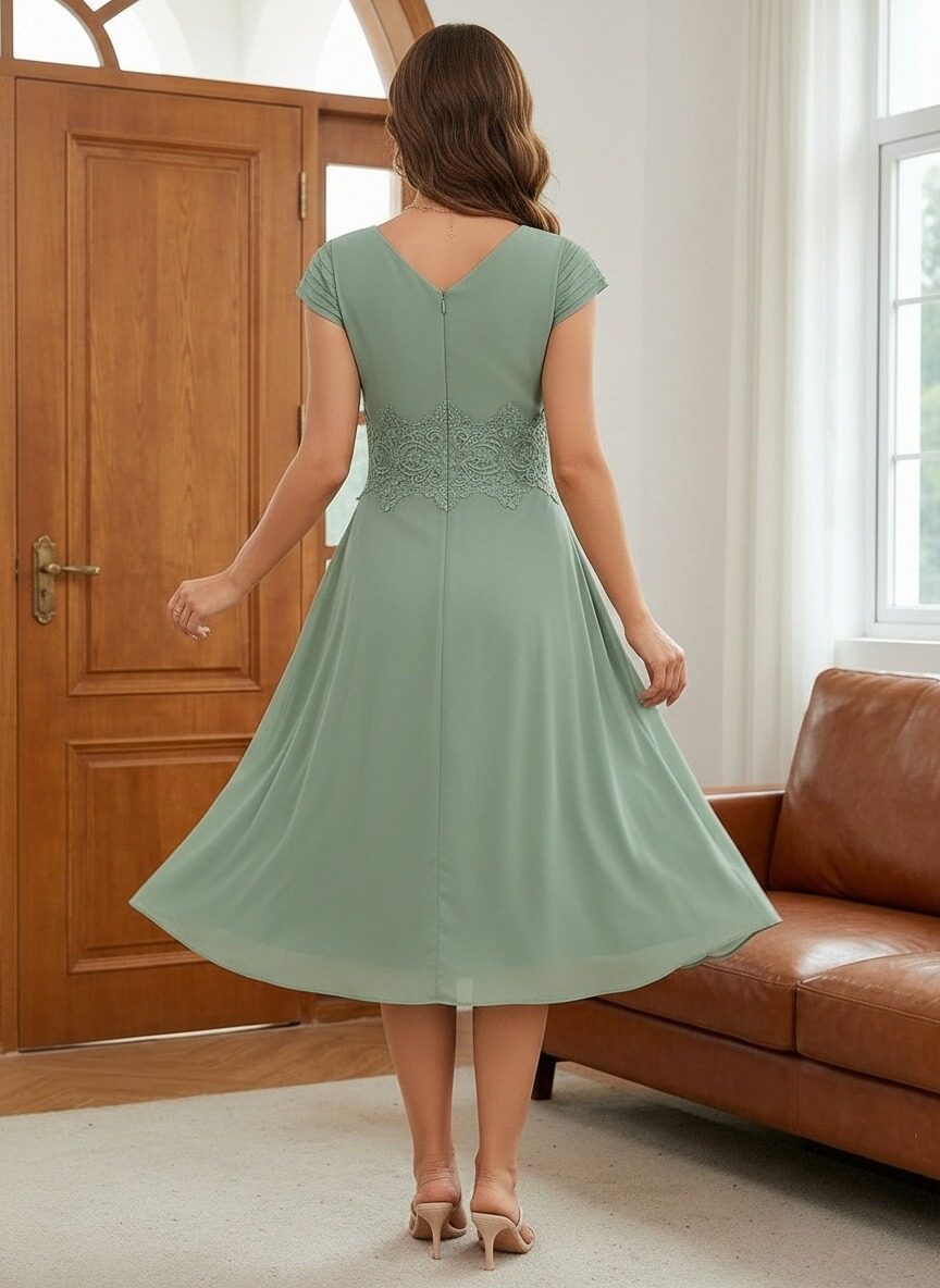 V Neck Chiffon Tea Length Mother of the Bride Dresses