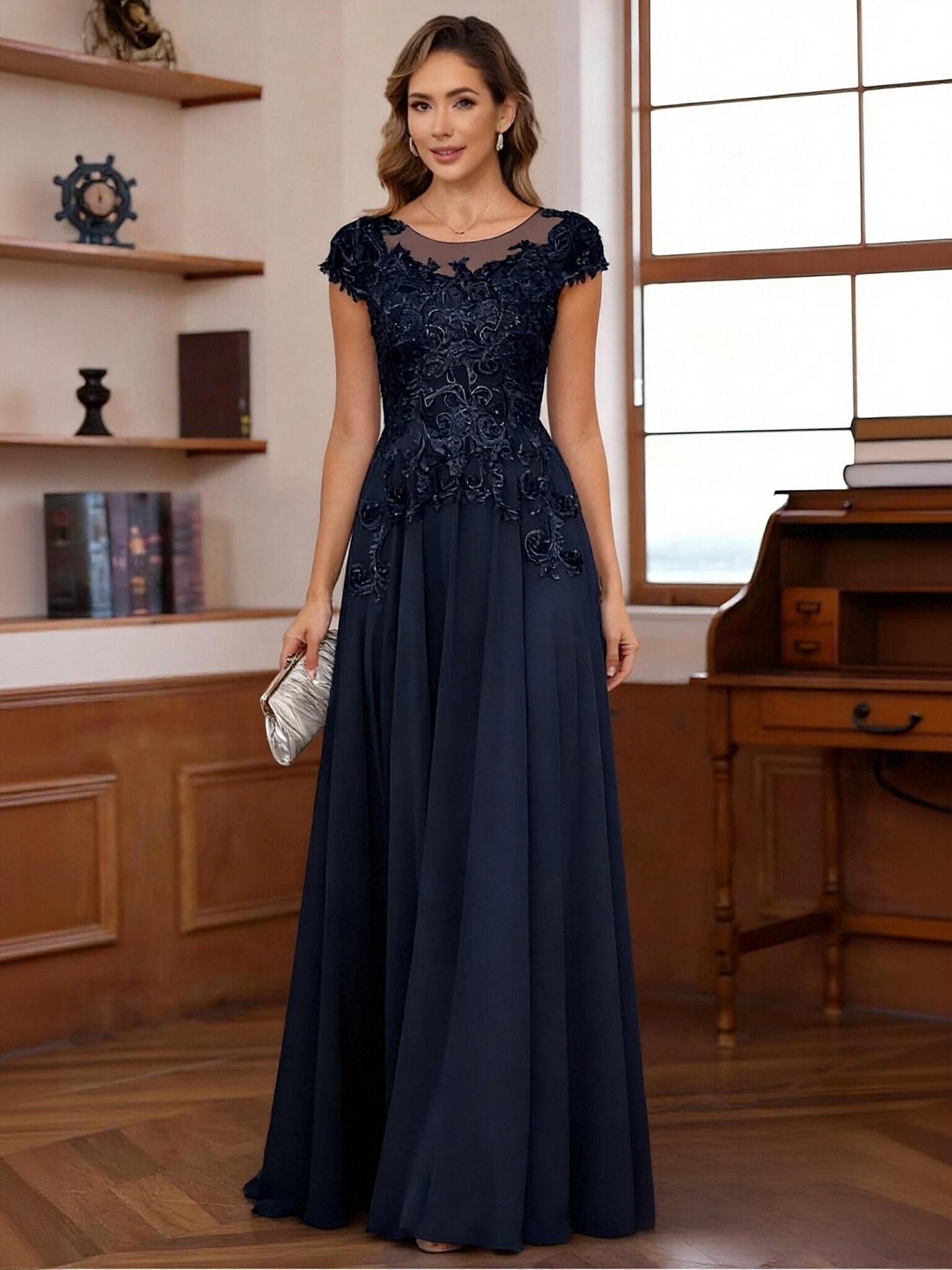 A Line Scoop Neck Applique Long Mother of the Bride Dresses