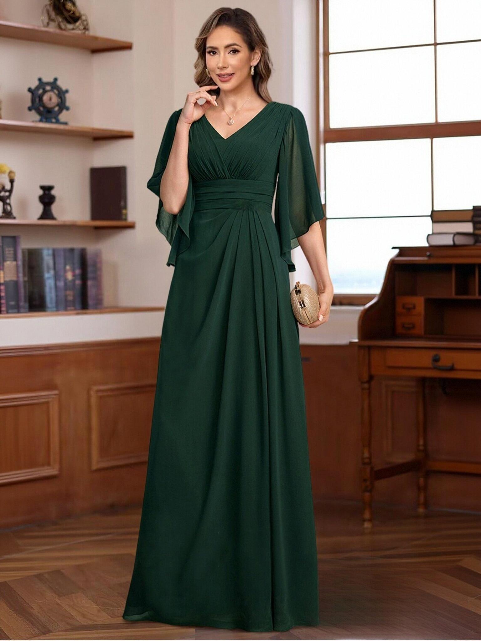 A Line V Neck Beads Floor Length Mother of the Bride Dresses