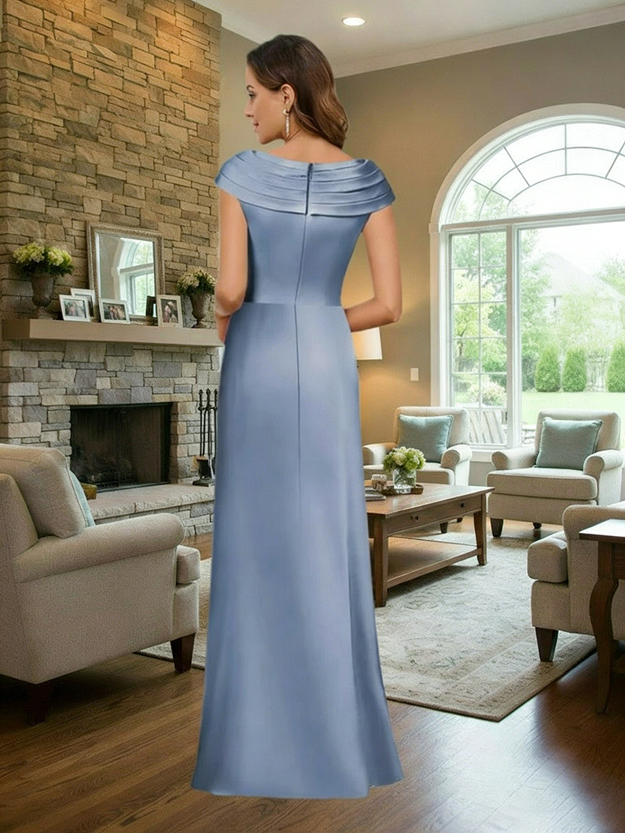 Mermaid V Neck Satin Applique Floor Length Short Sleeves Mother of the Bride Dresses