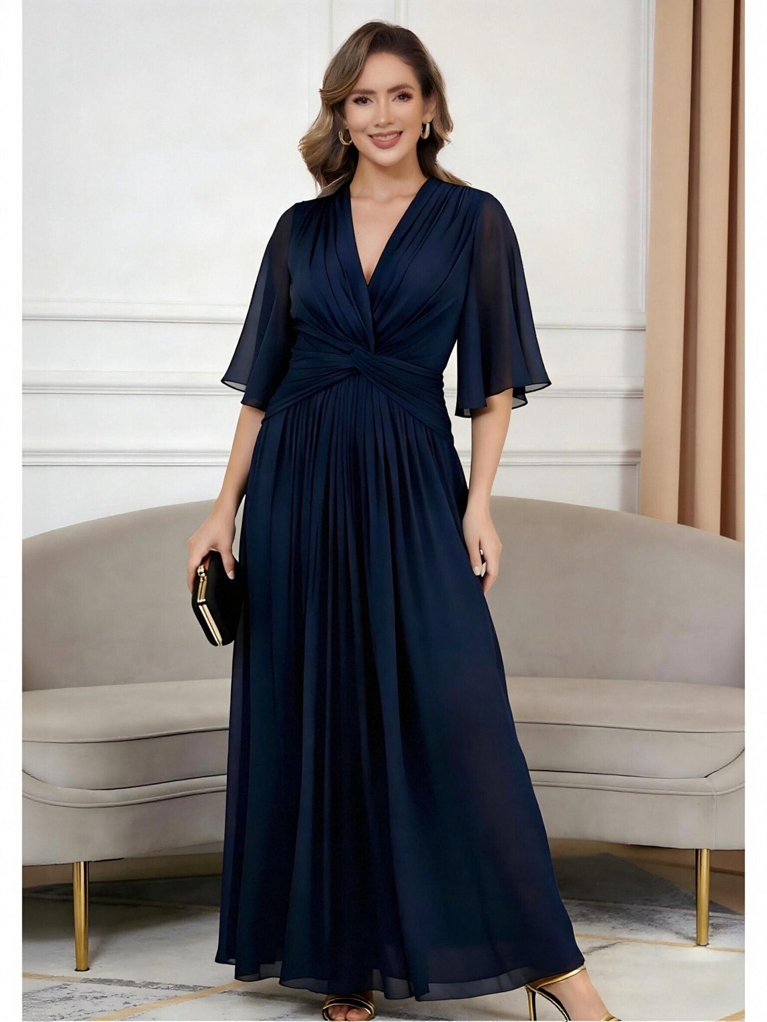 A Line V Neck Pleated Long Mother of the Bride Dresses