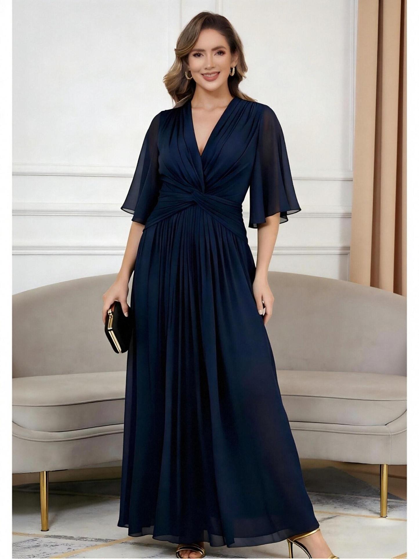 A Line V Neck Pleated Long Mother of the Bride Dresses