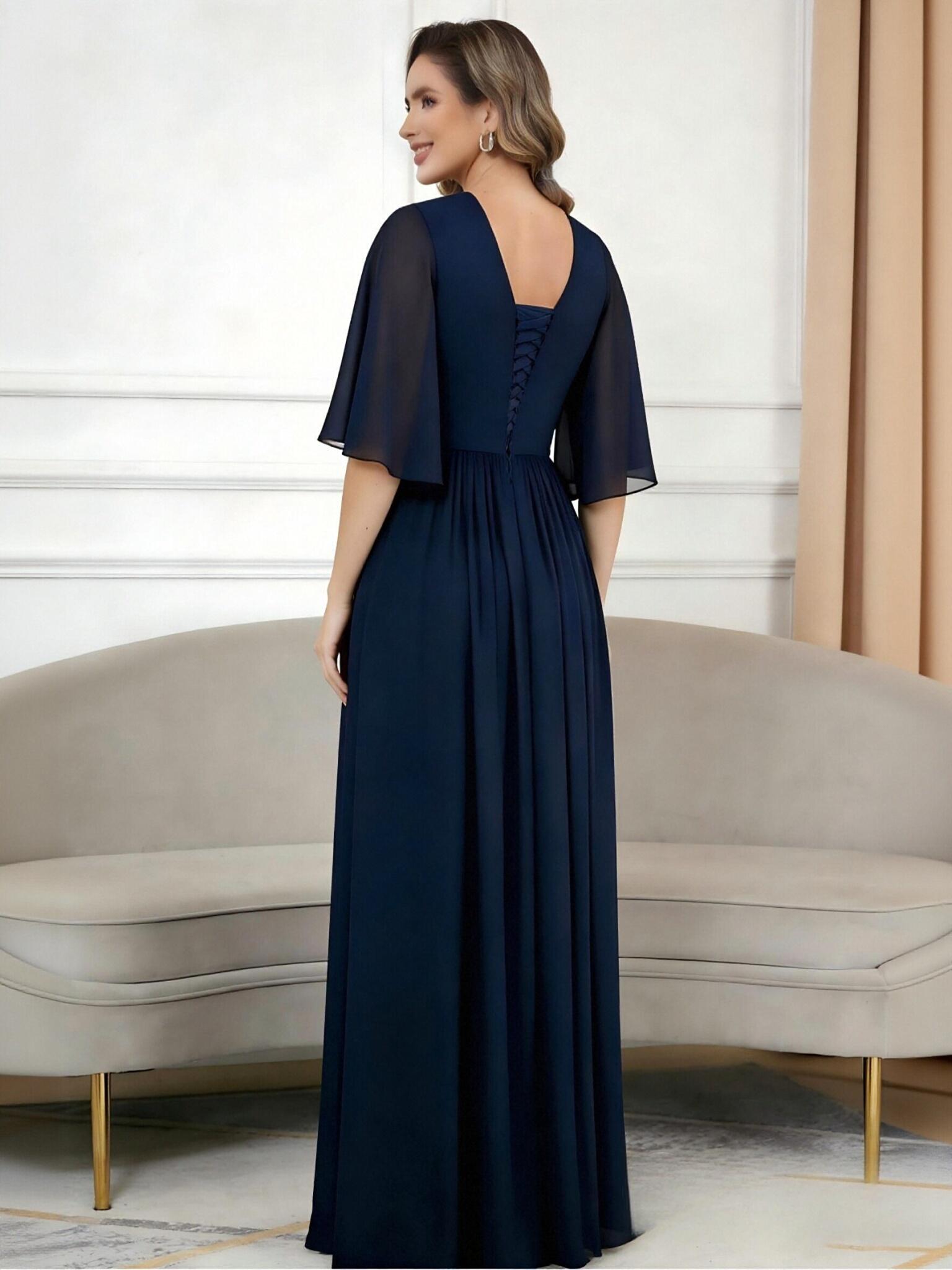 A Line V Neck Pleated Long Mother of the Bride Dresses