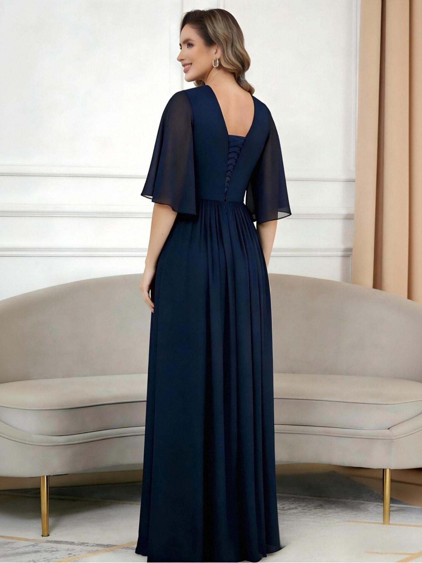 A Line V Neck Pleated Long Mother of the Bride Dresses