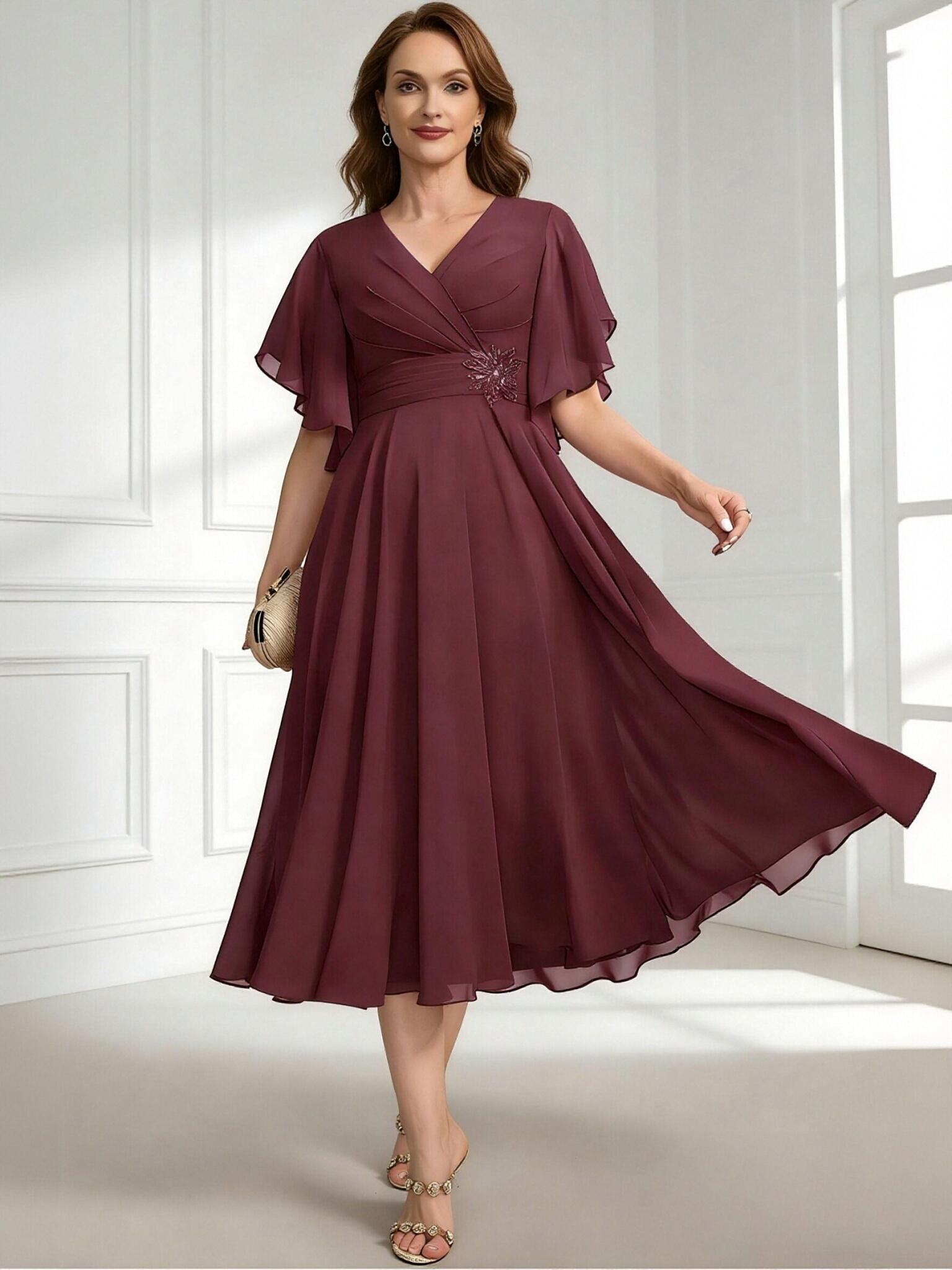 A Line V Neck Chiffon Tea Length Mother of the Bride Dresses