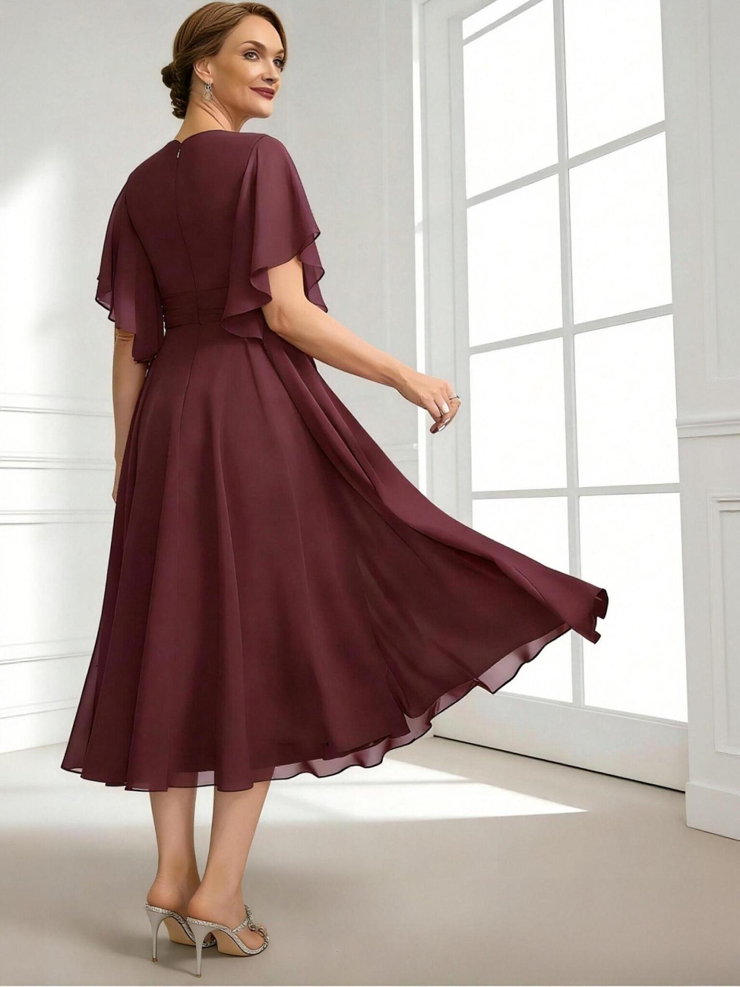 A Line V Neck Chiffon Tea Length Mother of the Bride Dresses