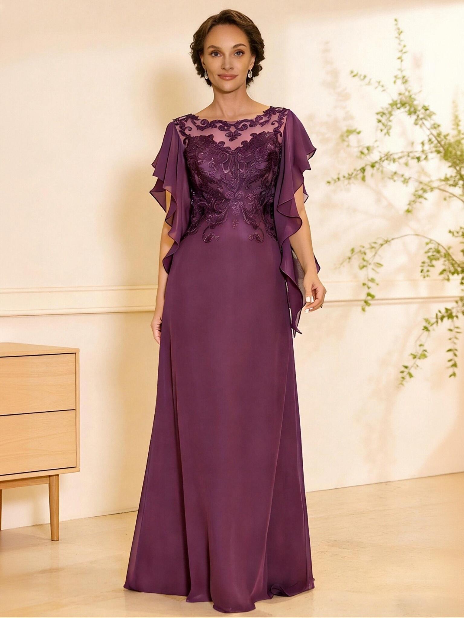 A Line Scoop Neck Chiffon Applique Mother of the Bride Dresses