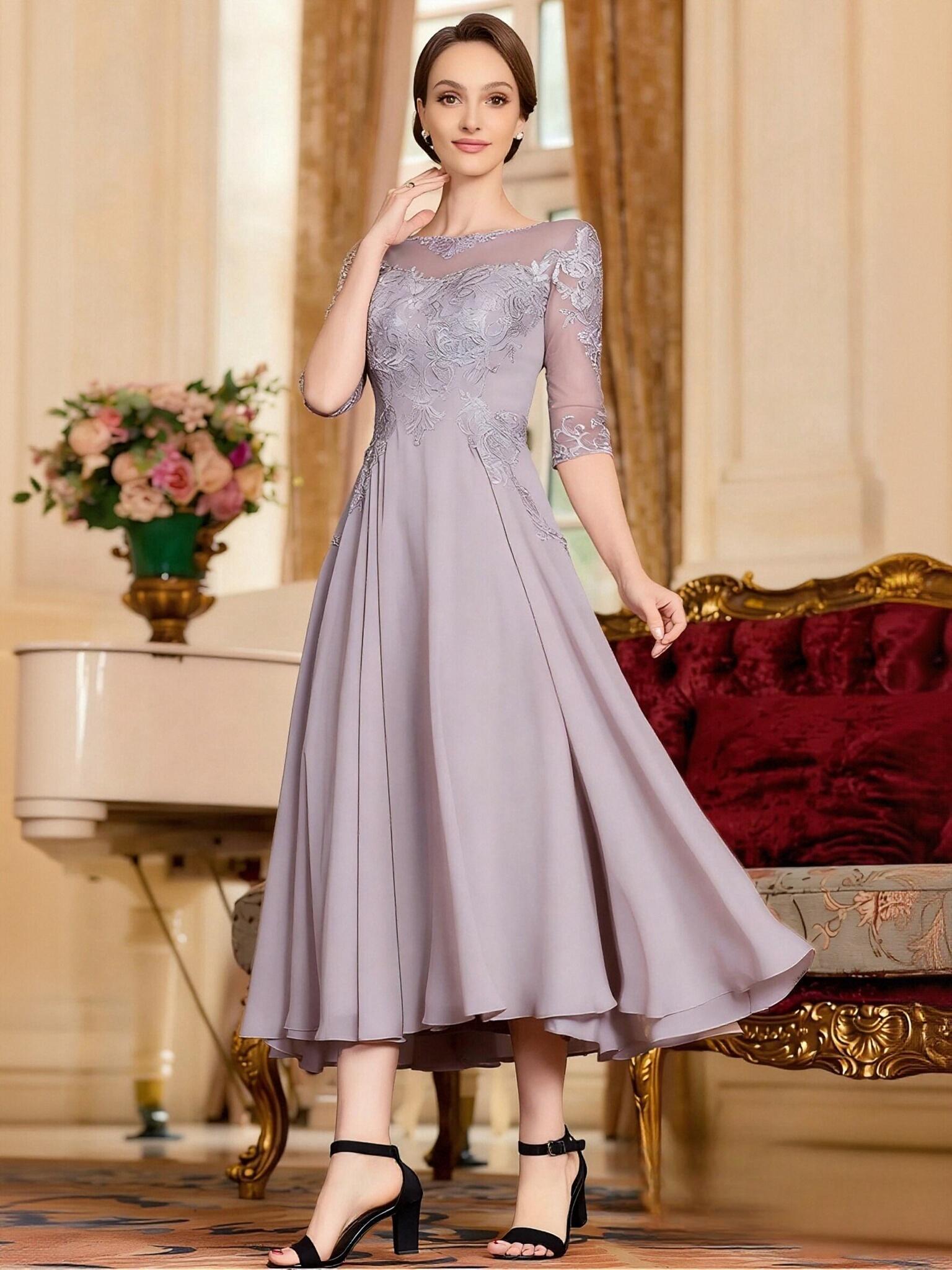 A Line Scoop Neck Chiffon Applique Mother of the Bride Dresses
