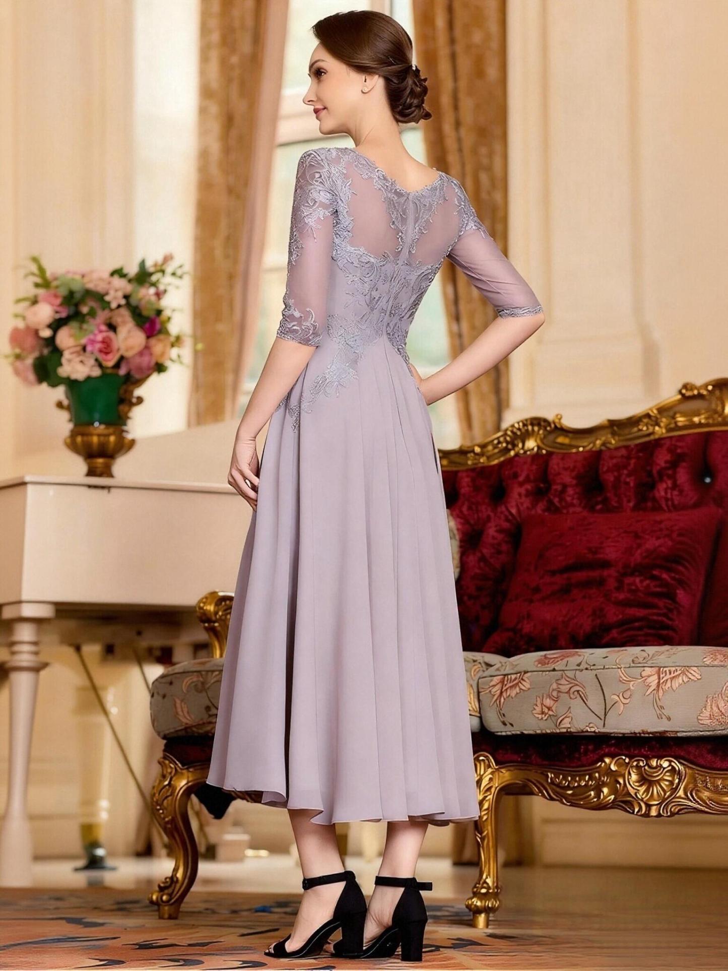 A Line Scoop Neck Chiffon Applique Mother of the Bride Dresses