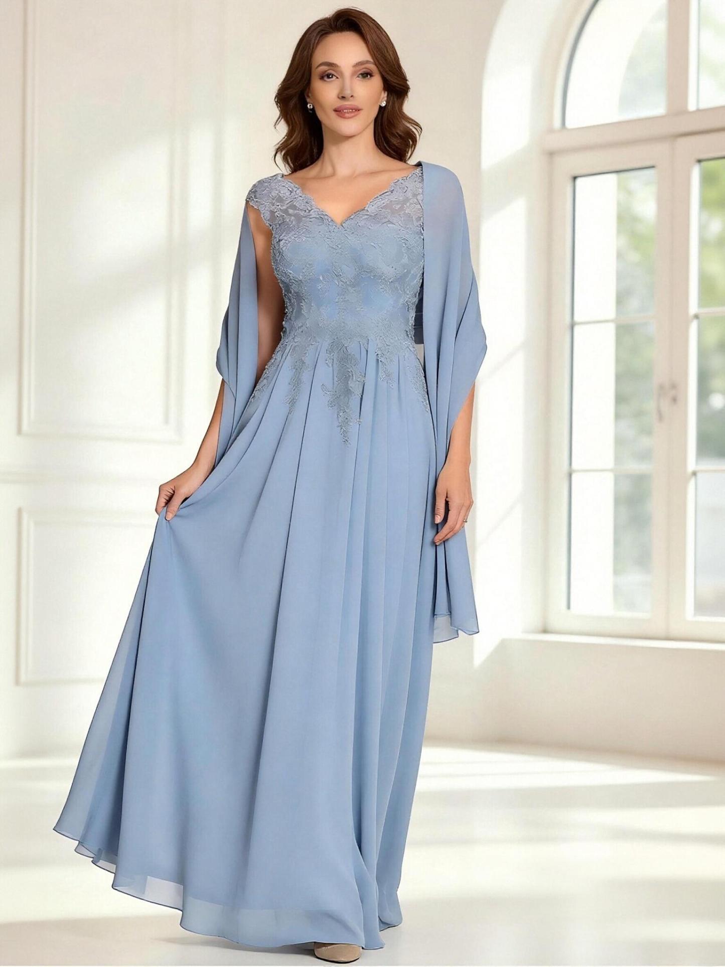 A Line V Neck Chiffon Applique Mother of the Bride Dresses