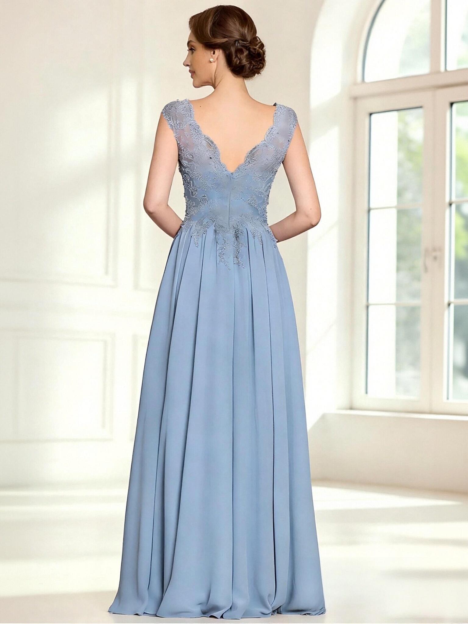 A Line V Neck Chiffon Applique Mother of the Bride Dresses