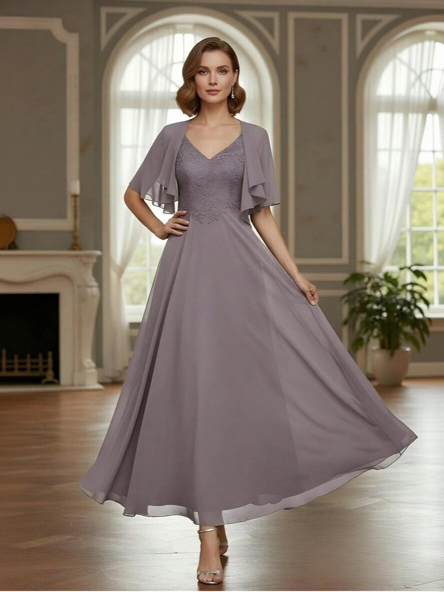 A Line V Neck Chiffon Applique Mother of the Bride Dresses