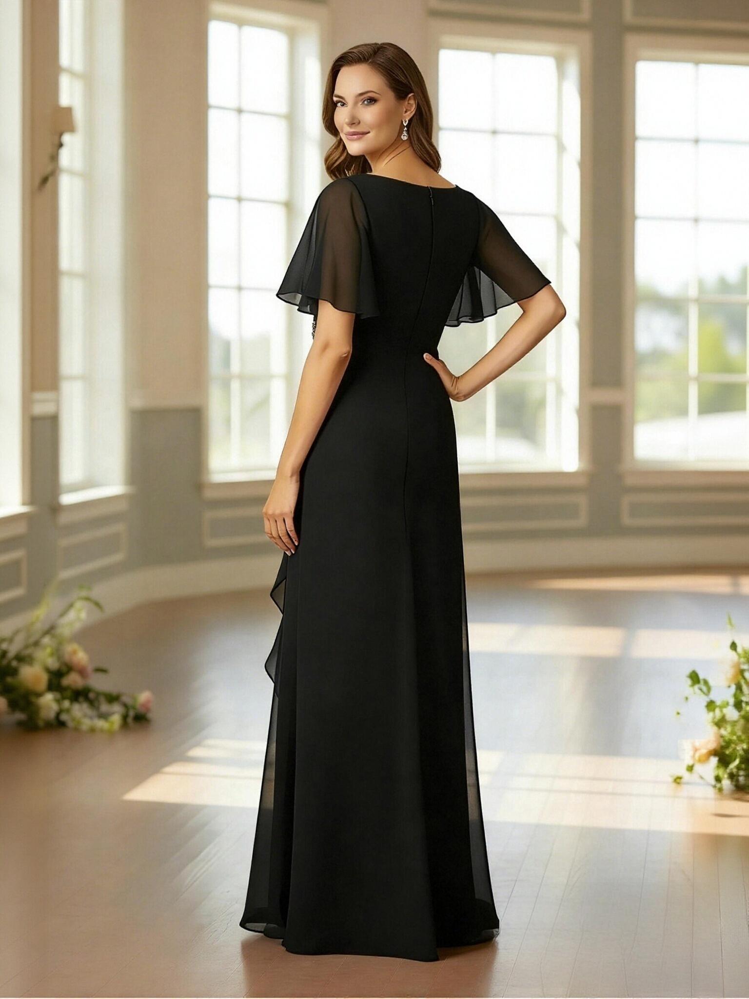 A Line Scoop Neck Chiffon Beads Long Mother of the Bride Dresses