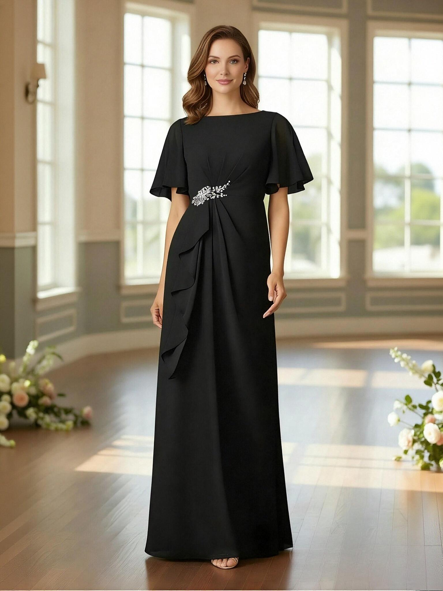 A Line Scoop Neck Chiffon Beads Long Mother of the Bride Dresses