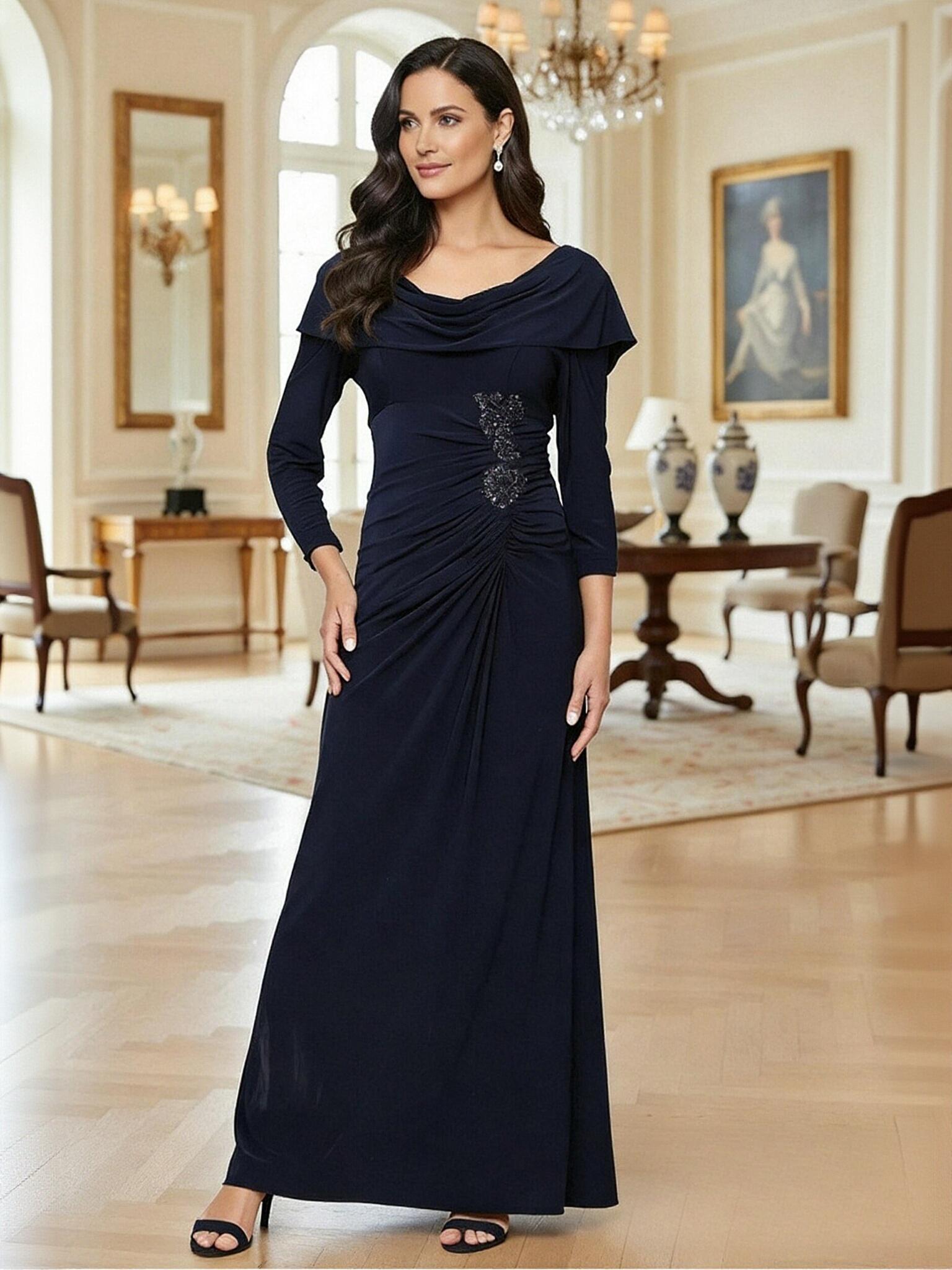 A Line Cowl Neck Chiffon Beads Long Mother of the Bride Dresses