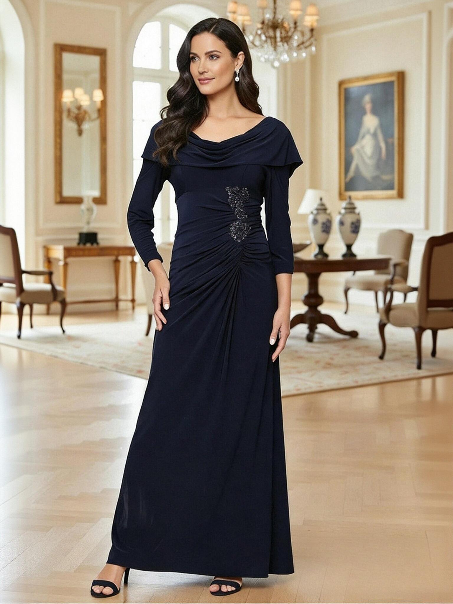 A Line Cowl Neck Chiffon Beads Long Mother of the Bride Dresses