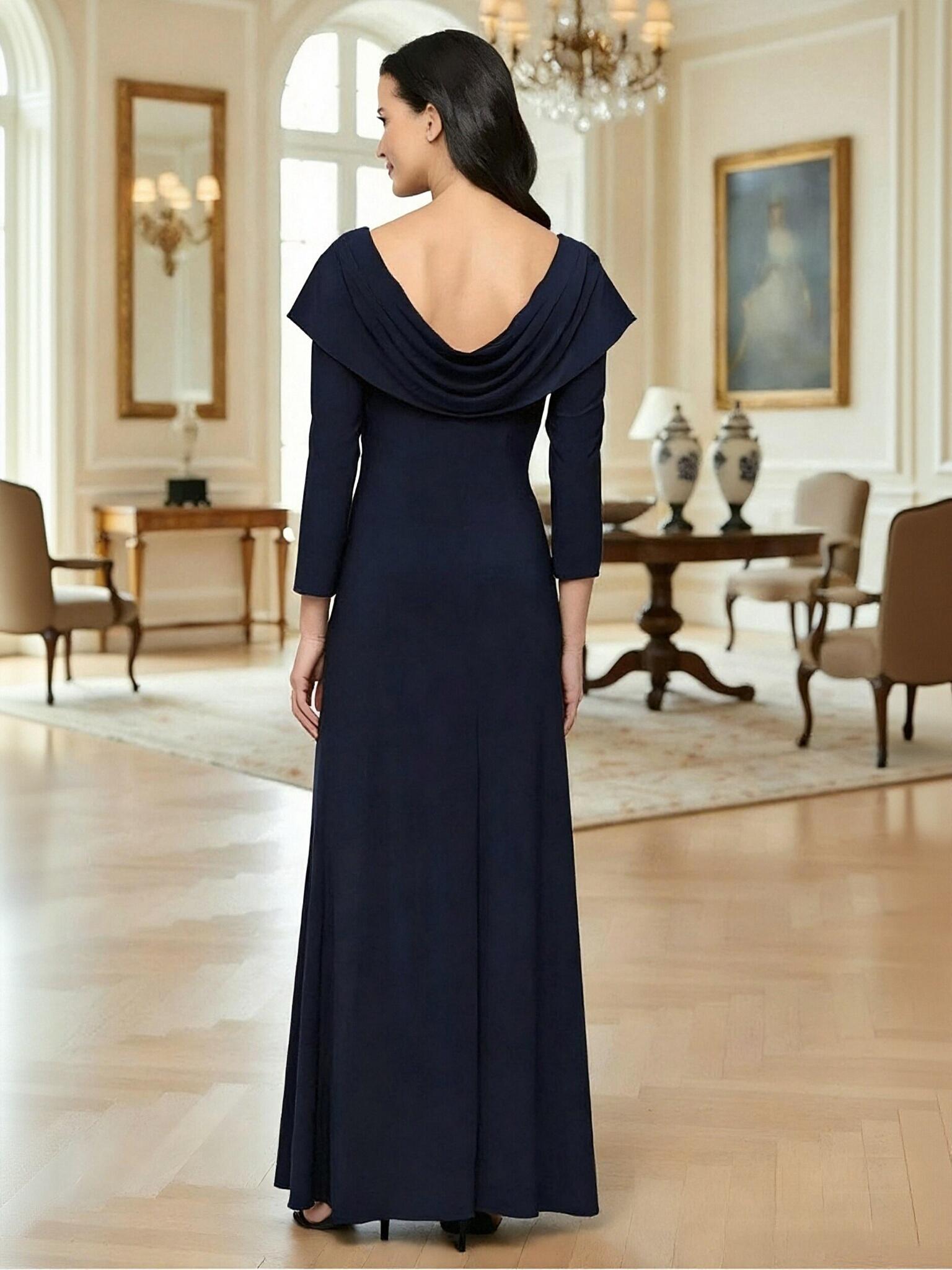 A Line Cowl Neck Chiffon Beads Long Mother of the Bride Dresses