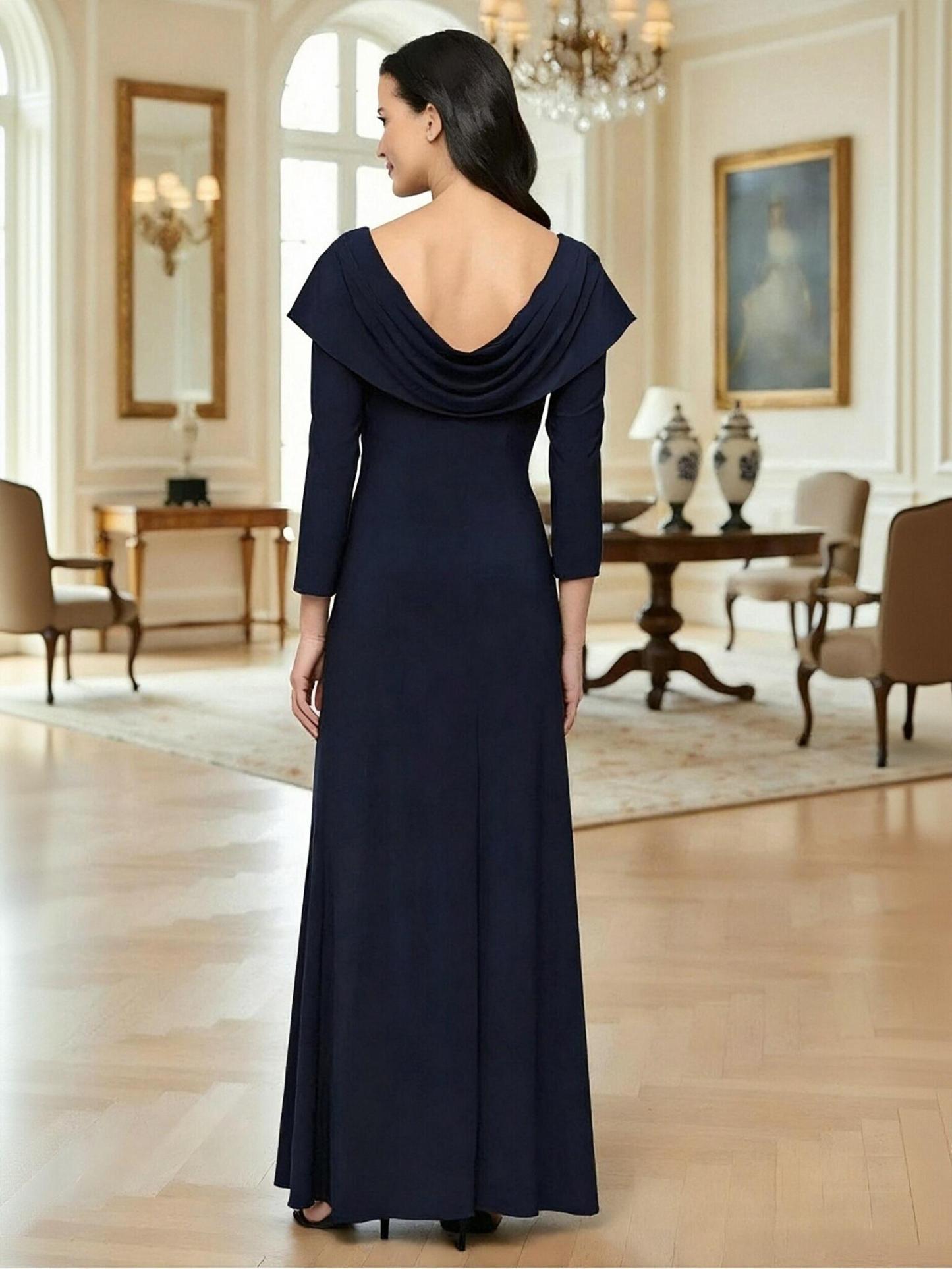 A Line Cowl Neck Chiffon Beads Long Mother of the Bride Dresses