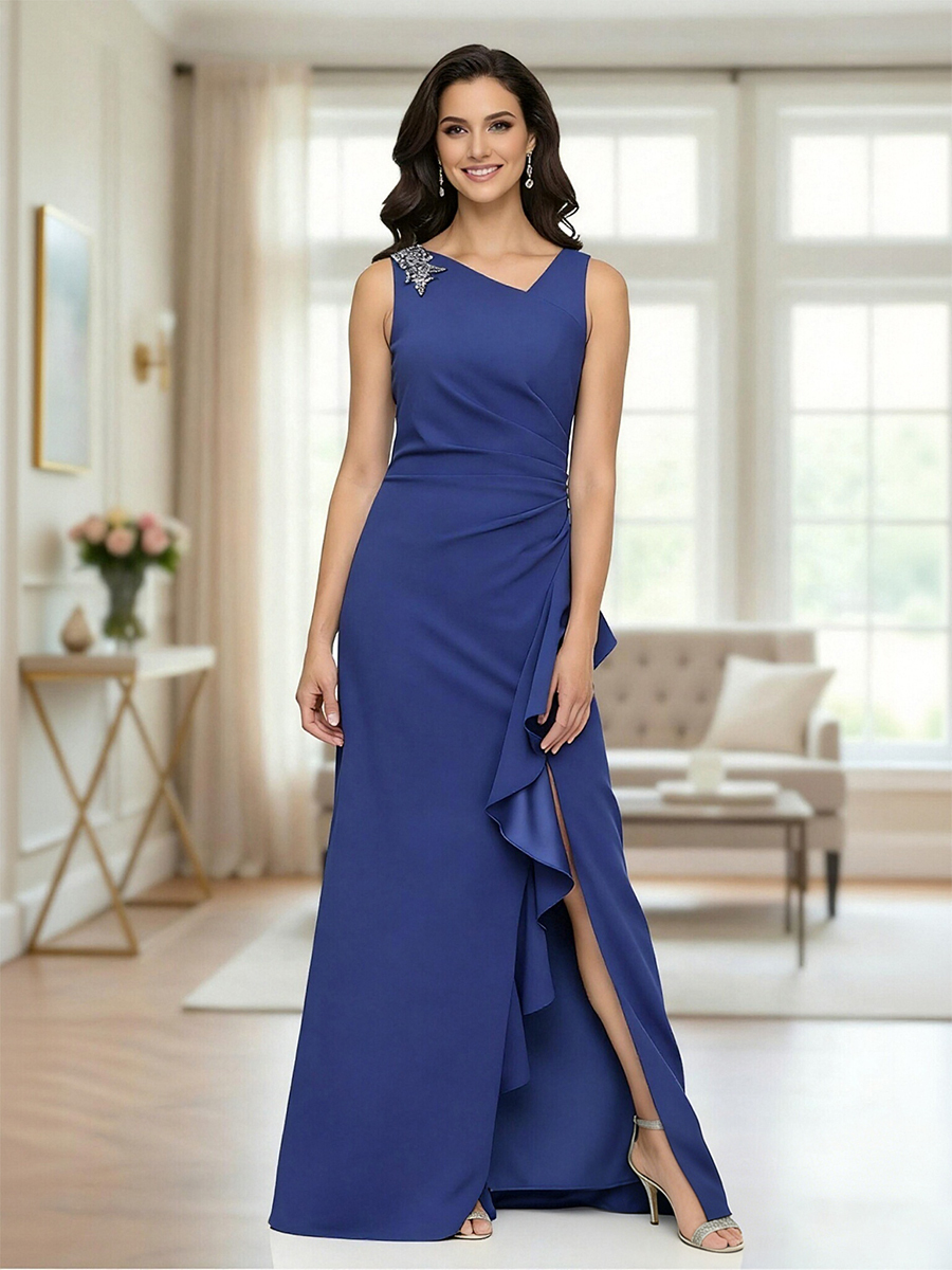 A Line V Neck Satin Beads Long Mother of the Bride Dresses