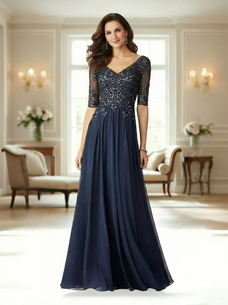 A Line V Neck Chiffon Applique Long Mother of the Bride Dresses