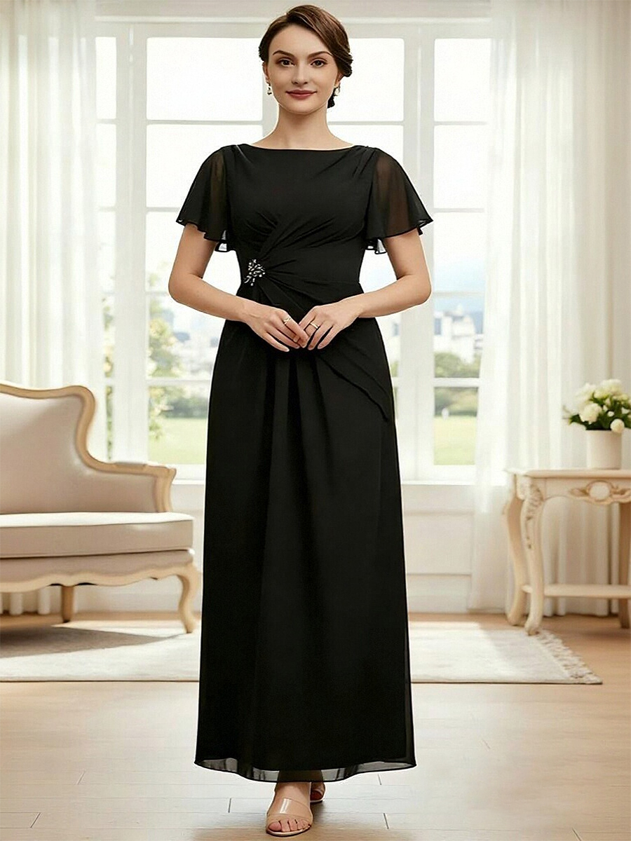 A Line Scoop Neck Chiffon Beads Long Mother of the Bride Dresses