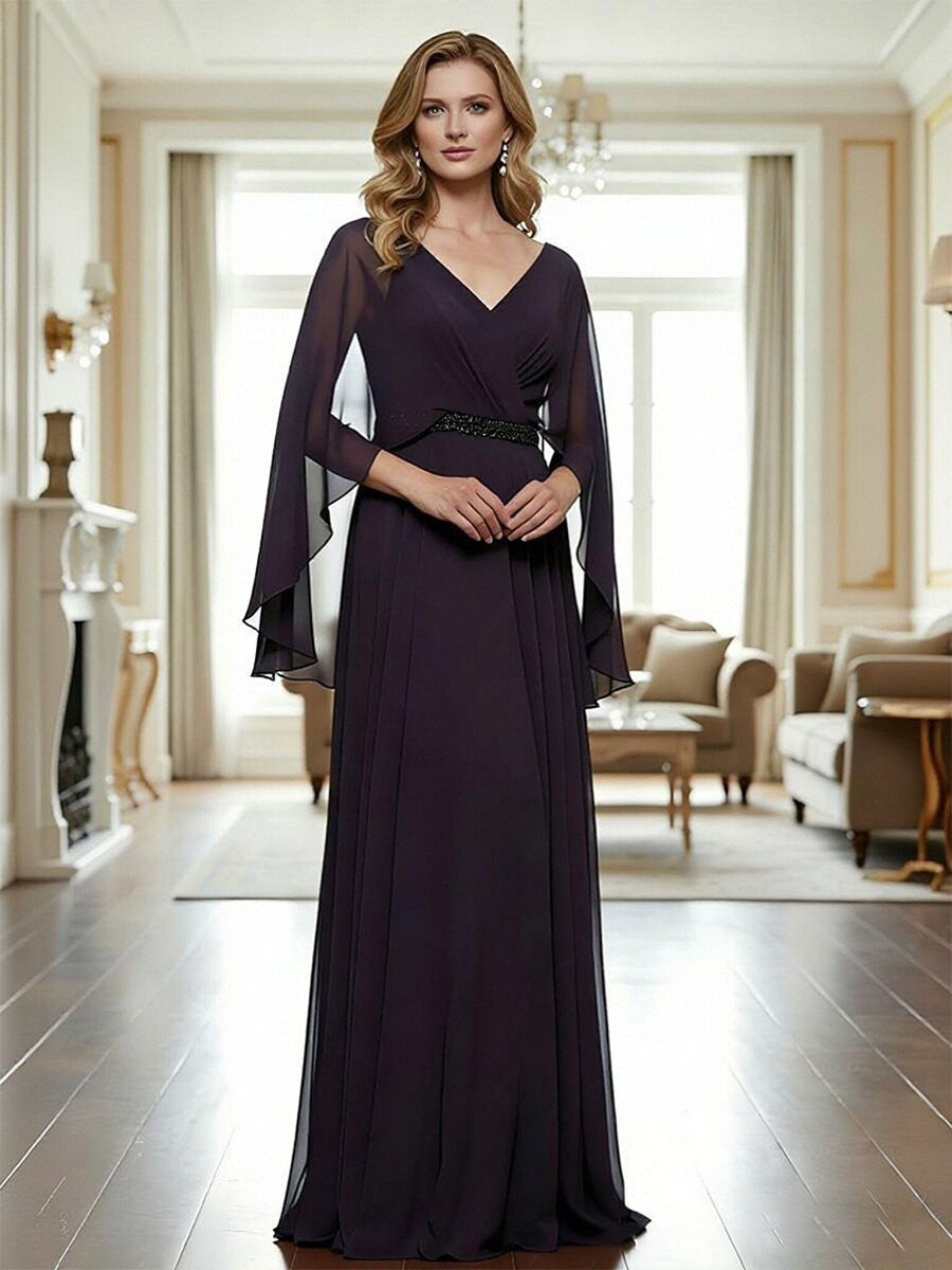 A Line V Neck Chiffon Beads Long Mother of the Bride Dresses