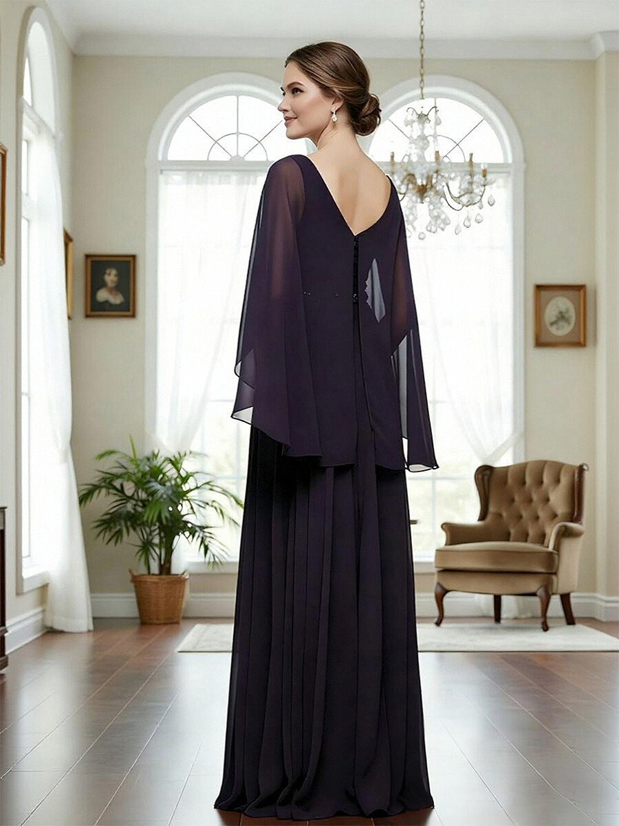A Line V Neck Chiffon Beads Long Mother of the Bride Dresses