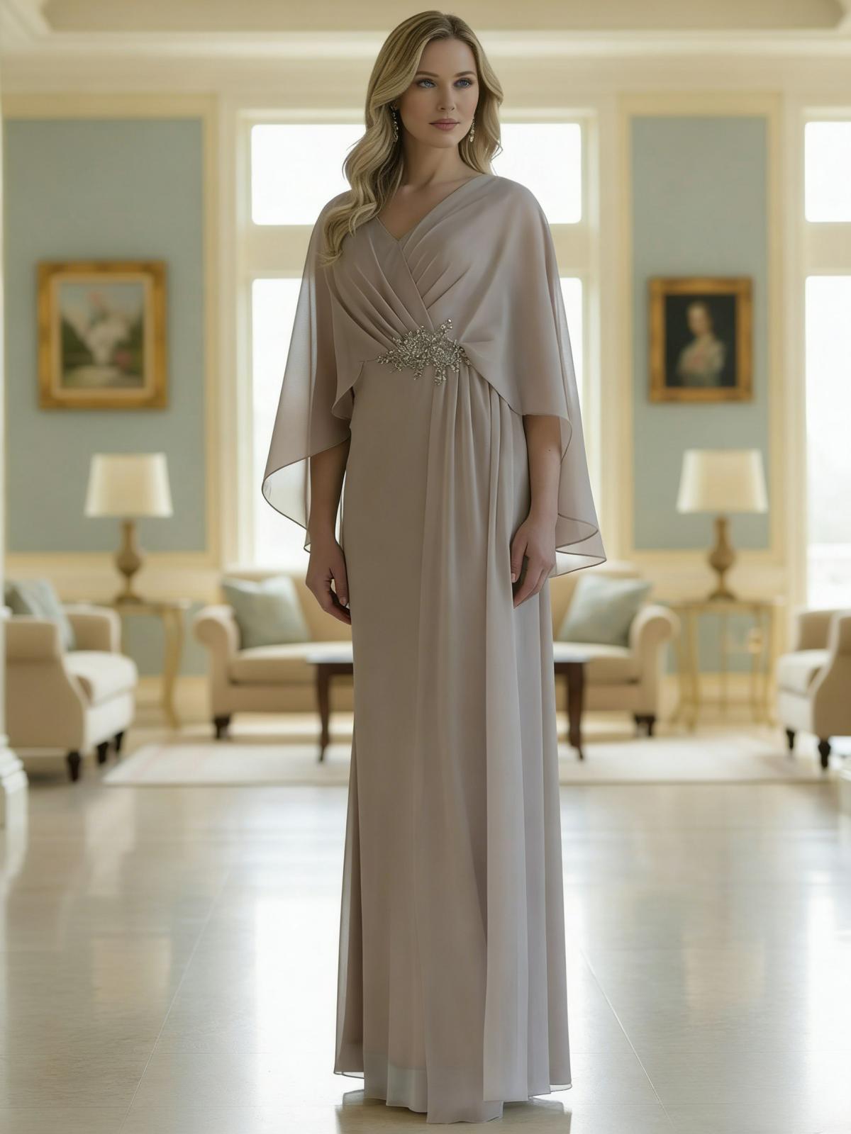 A Line V Neck Chiffon Beads Mother of the Bride Dresses
