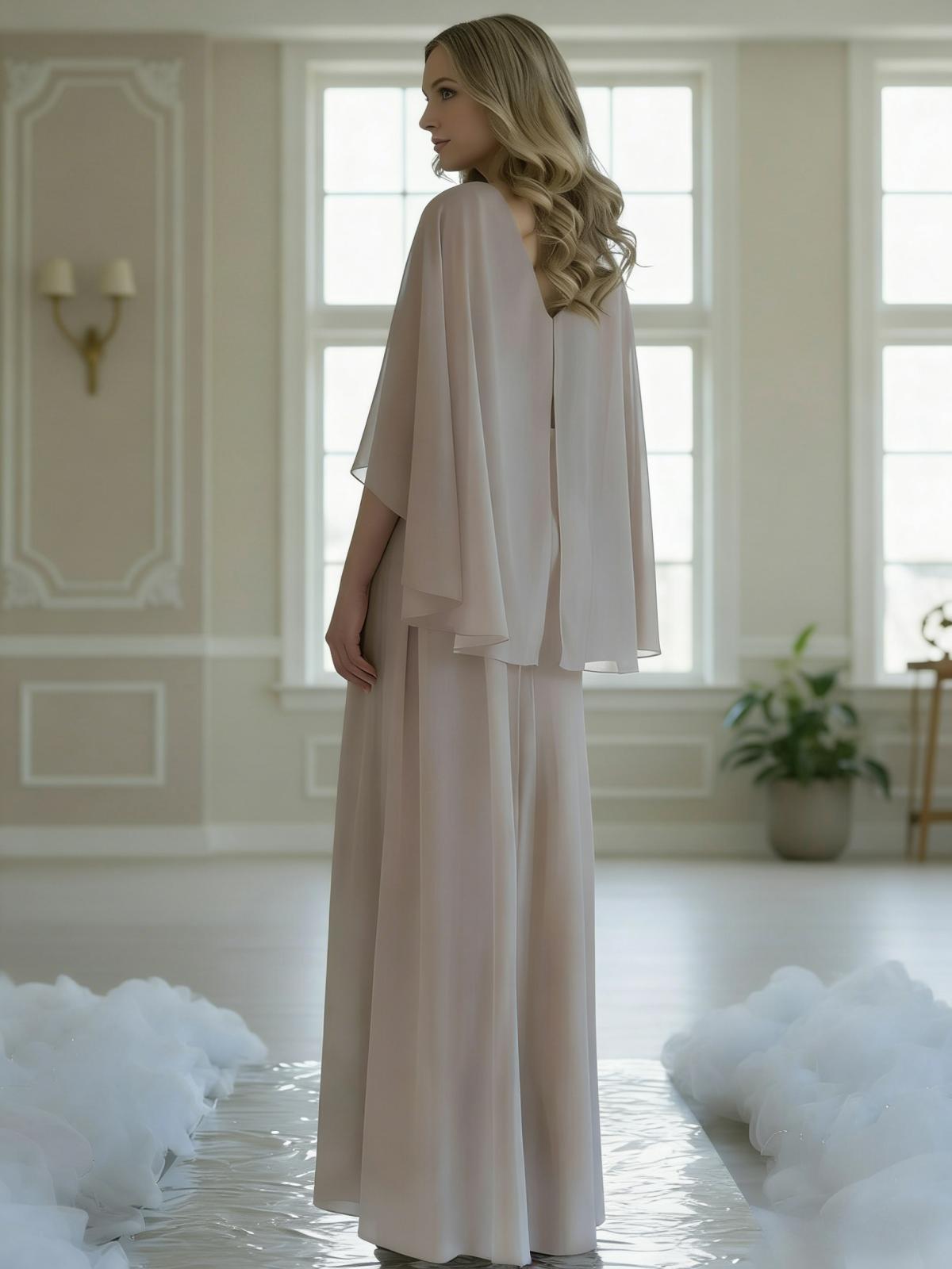 A Line V Neck Chiffon Beads Mother of the Bride Dresses