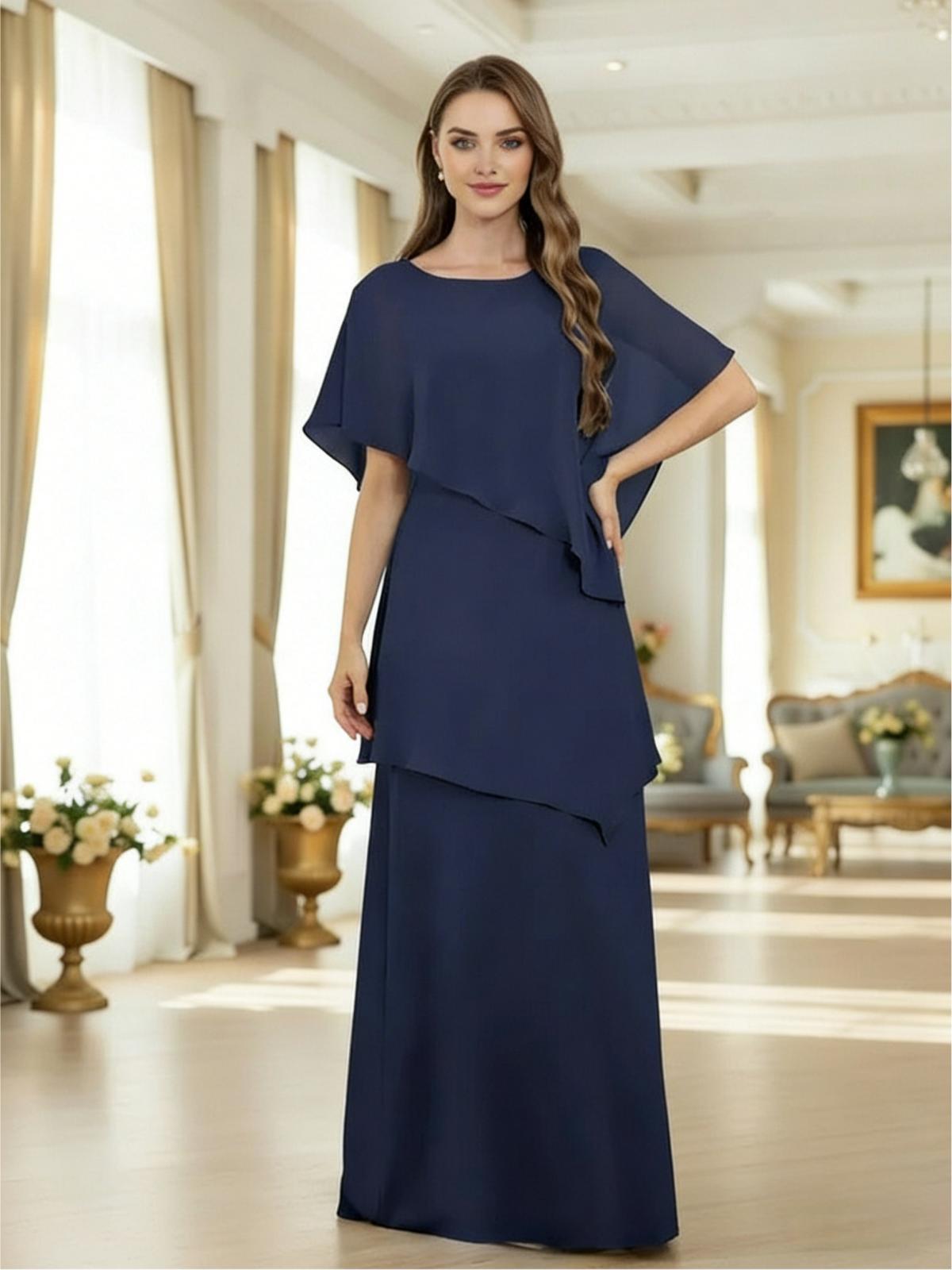A Line Scoop Neck Chiffon Tiered Mother of the Bride Dresses