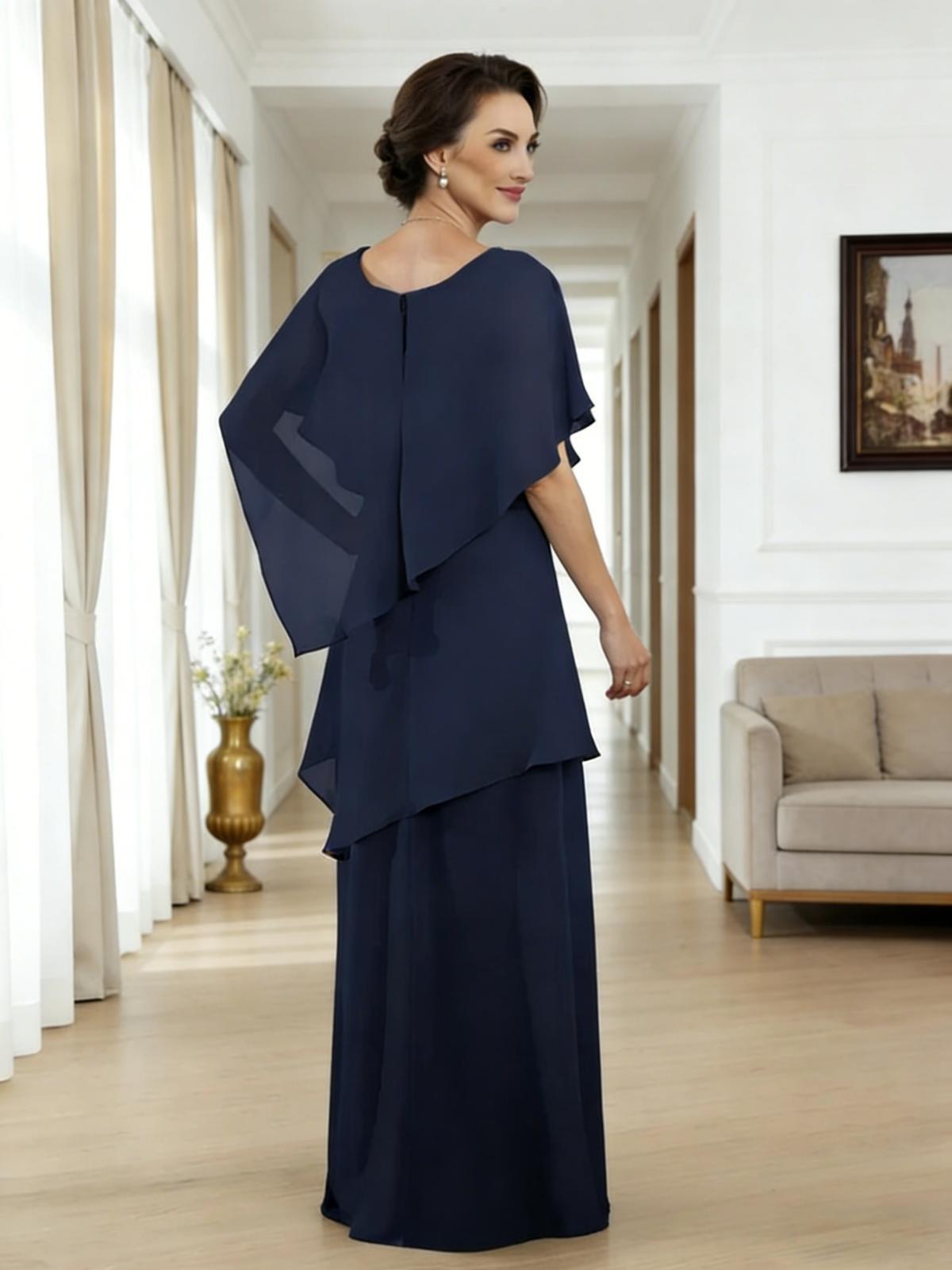 A Line Scoop Neck Chiffon Tiered Mother of the Bride Dresses