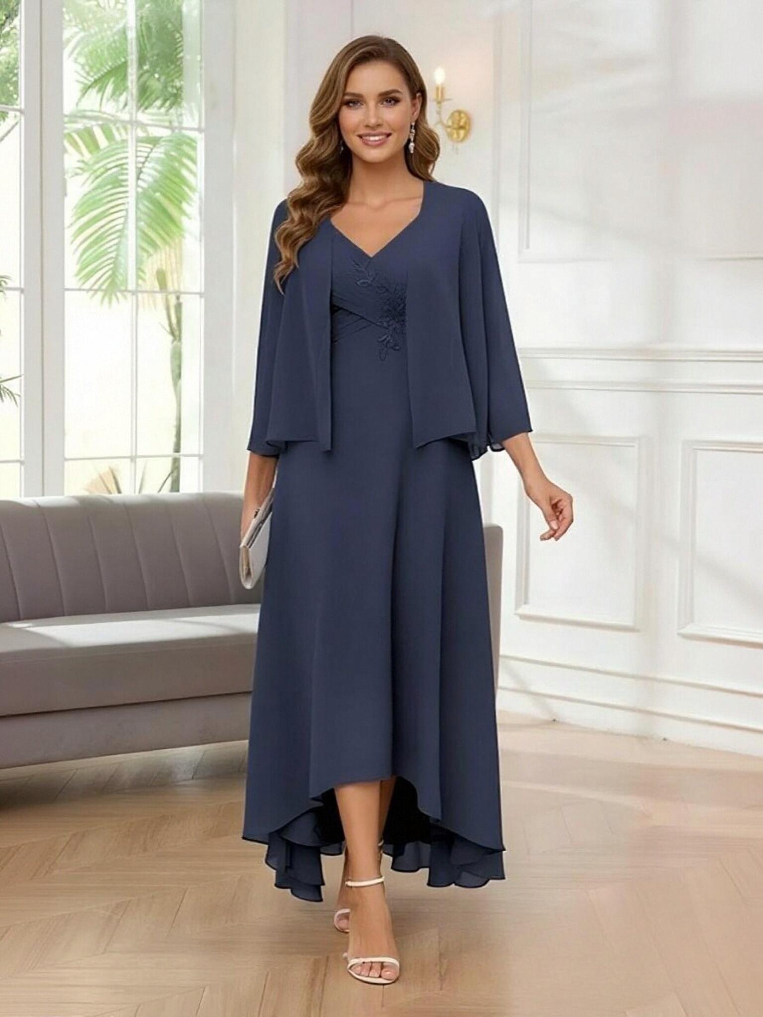 A Line V Neck Chiffon Applique Mother of the Bride Dresses