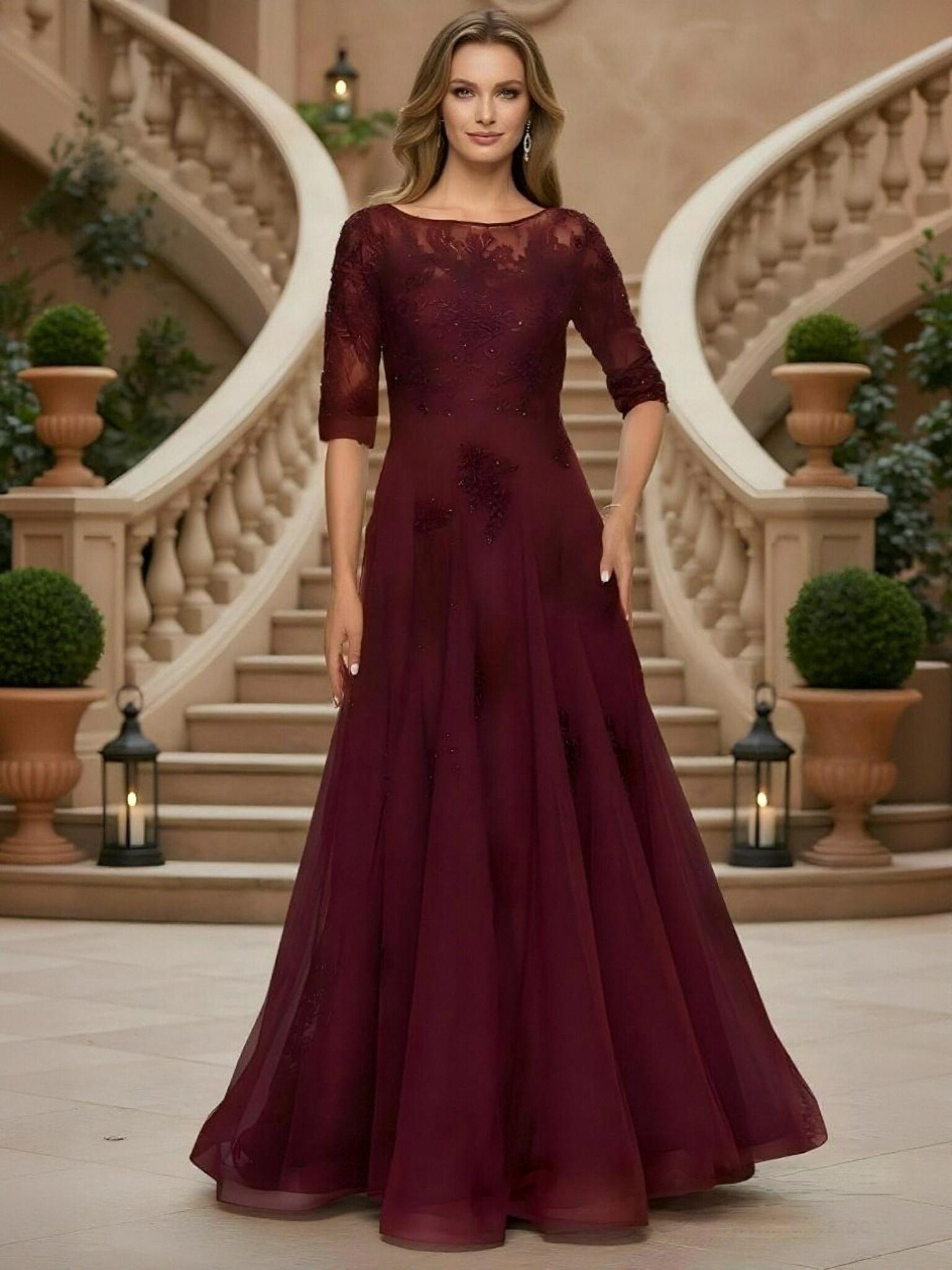 A Line Scoop Neck Tulle Applique Mother of the Bride Dresses